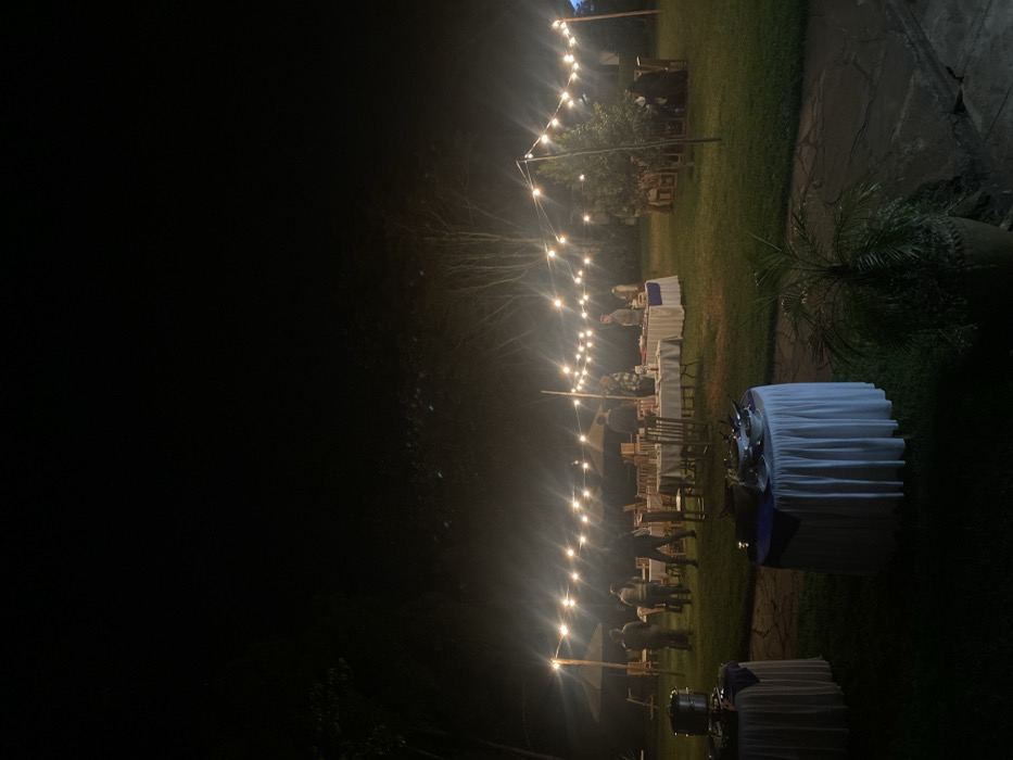 The image captures an outdoor evening gathering, likely a dinner or party, taking place on a grassy lawn illuminated by a long string of warm fairy lights. The scene is set at night, with artificial lighting being the primary source of illumination.
In the foreground and extending into the midground, several long tables are set up, covered with white tablecloths, some with blue accents underneath. These tables appear to be serving stations, with various dishes and serving equipment, including chafing dishes, visible on them. Scattered around the tables are numerous chairs, and several people are present, either standing, serving themselves, or seated, though their faces and specific activities are indistinct due to the distance and low light.
The grassy area is well-maintained, and there are trees and foliage visible in the background and to the right, including a prominent palm-like plant in a large pot or planter on the right side. The ground to the far right appears to be paved or tiled. The string lights, stretching across the frame, cast a festive glow over the event, creating a warm and inviting atmosphere. No discernible text is visible in the image. The setting suggests a celebratory or social function in a garden or backyard environment, potentially in Riara Ridge, Kenya as indicated by the context.