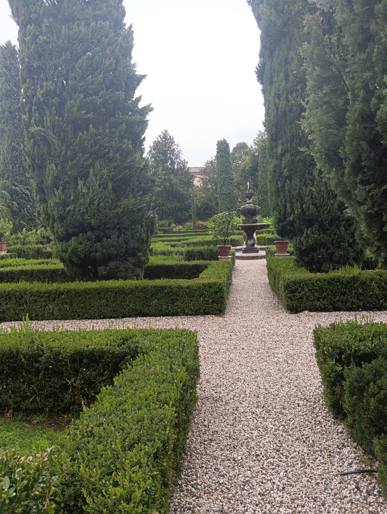 The image depicts a formal garden with a gravel pathway leading to a fountain. Tall, conical cypress trees line the path and surround the garden, interspersed with neatly trimmed hedges that create geometric patterns. Two terracotta pots are placed on either side of the pathway leading to the fountain. The sky is overcast. This garden is located in Verona, Italy, at Giardino Giusti, a historic Italian Renaissance garden. No people are visible in the image.