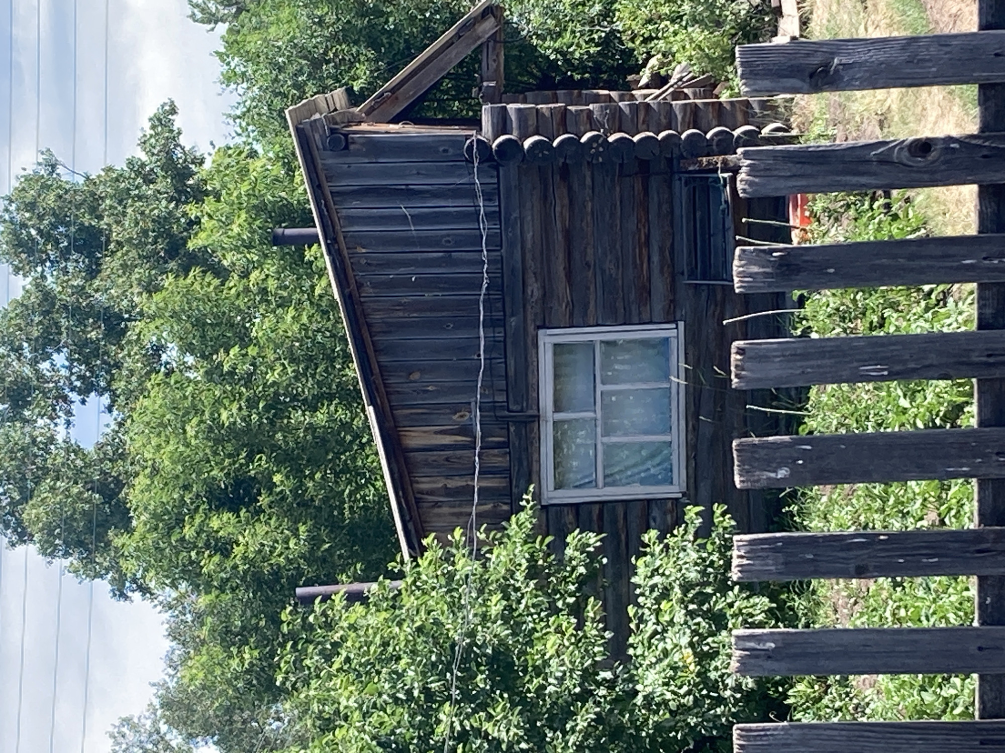 A rustic wooden cabin stands in Celo Rakity, Russia, surrounded by lush green trees and vegetation. The cabin is constructed from horizontal logs, with a sloped wooden roof. A single window with multiple panes is visible on the front of the cabin. In the foreground, a weathered wooden fence runs horizontally, partially obscuring the view of a garden. Power lines are visible in the upper portion of the image, against a partly cloudy sky. The scene appears to be a rural homestead, likely in a natural setting.
