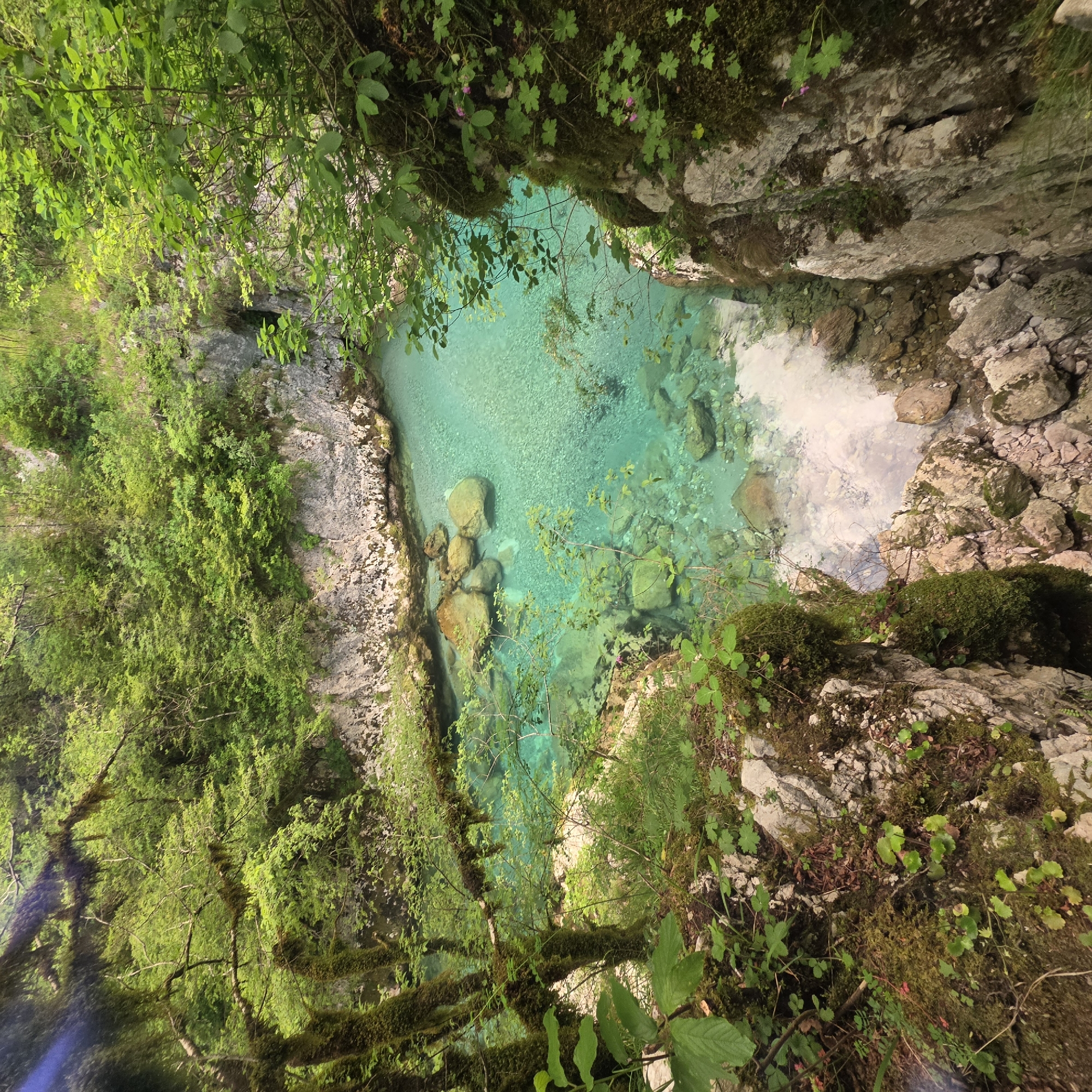 The image depicts a small, turquoise-colored pool of water nestled within a rocky and forested landscape. The location is Lazba, Montenegro. The water is clear, with rocks visible beneath the surface. The surrounding terrain features a mix of rocky cliffs and lush vegetation, including moss-covered stones and various types of trees and plants. The perspective suggests the photo was taken from a high vantage point, looking down into the pool. There are no people visible. The overall impression is that of a natural, secluded, and scenic location.