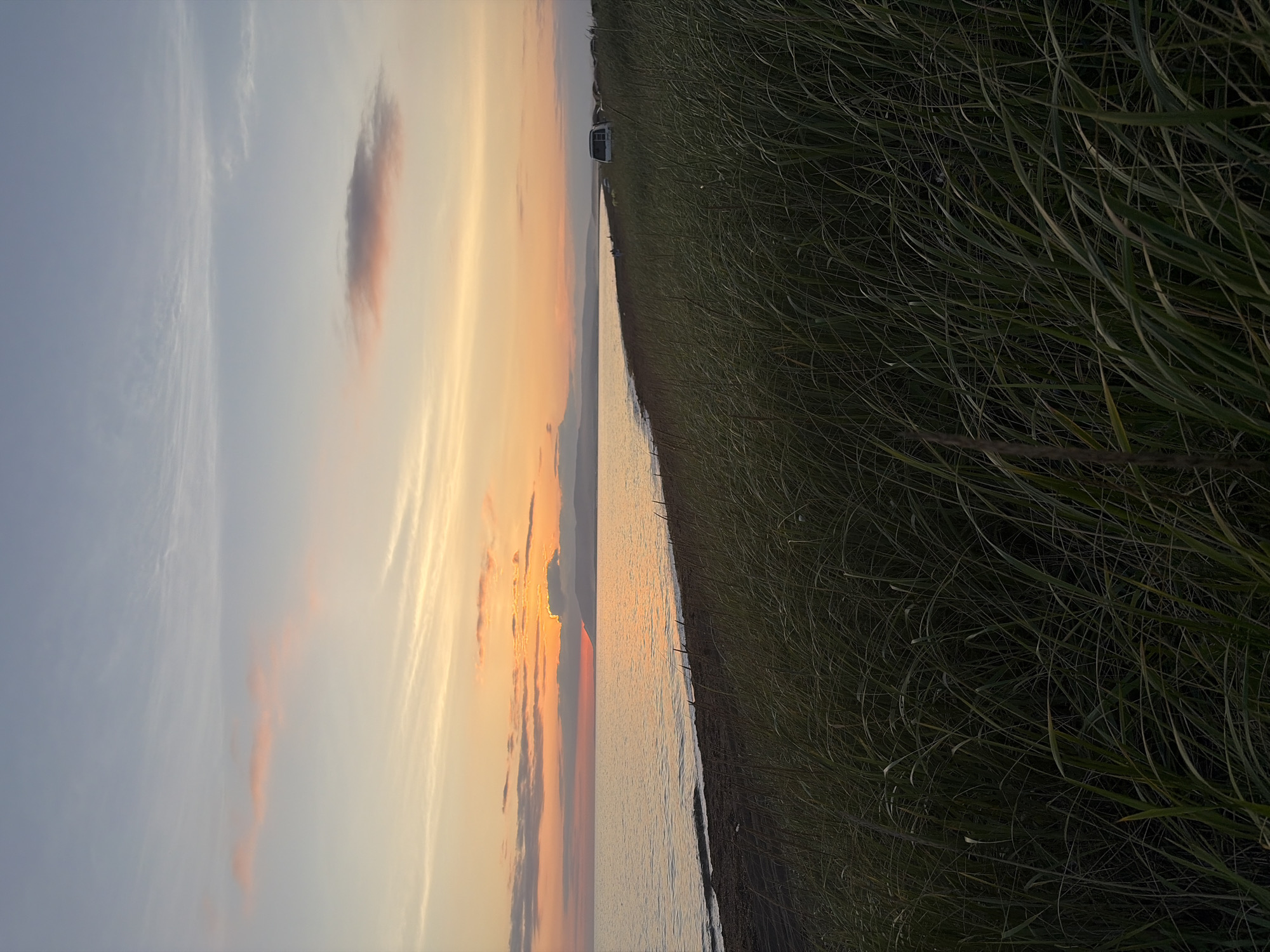 The image depicts a serene sunset scene along the coastline of Ozerskoe, Russia. The sky is a canvas of soft hues, transitioning from a pale blue at the top to warm oranges and pinks near the horizon, where the sun is setting behind distant mountains. Wispy clouds are scattered across the sky, catching the last rays of sunlight.
In the foreground, tall, green grasses sway gently, creating a textured border between the beach and the viewer. The beach itself appears to be dark sand or pebbles, meeting the calm, reflective waters of the sea. The water is a muted blue-gray, with gentle ripples disturbing its surface.
Further down the coastline, a white van is parked on the grassy area behind the beach. A few indistinct figures can be seen near the van and along the shoreline, suggesting a small gathering or individual presence. The overall impression is one of natural beauty and tranquility, with the elements of sky, sea, and land harmoniously blended in the fading light.