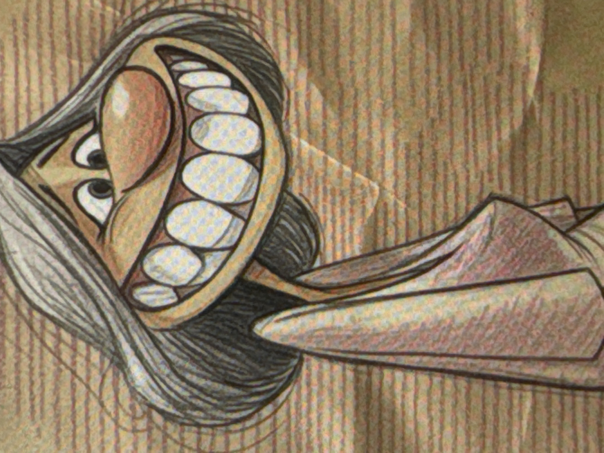 A sketch of an elderly woman with exaggerated features and a wide, toothy grin is depicted against a textured, horizontally striped background. The woman has grey, flowing hair that frames her face. Her eyes are wide and expressive, and her nose is large and bulbous with rosy cheeks. She wears a flowing pink garment. The drawing style is cartoonish and whimsical. The background appears to be paper with a subtle texture and alternating light and dark horizontal lines, possibly brown and orange. There are no discernible details about a city or its location.