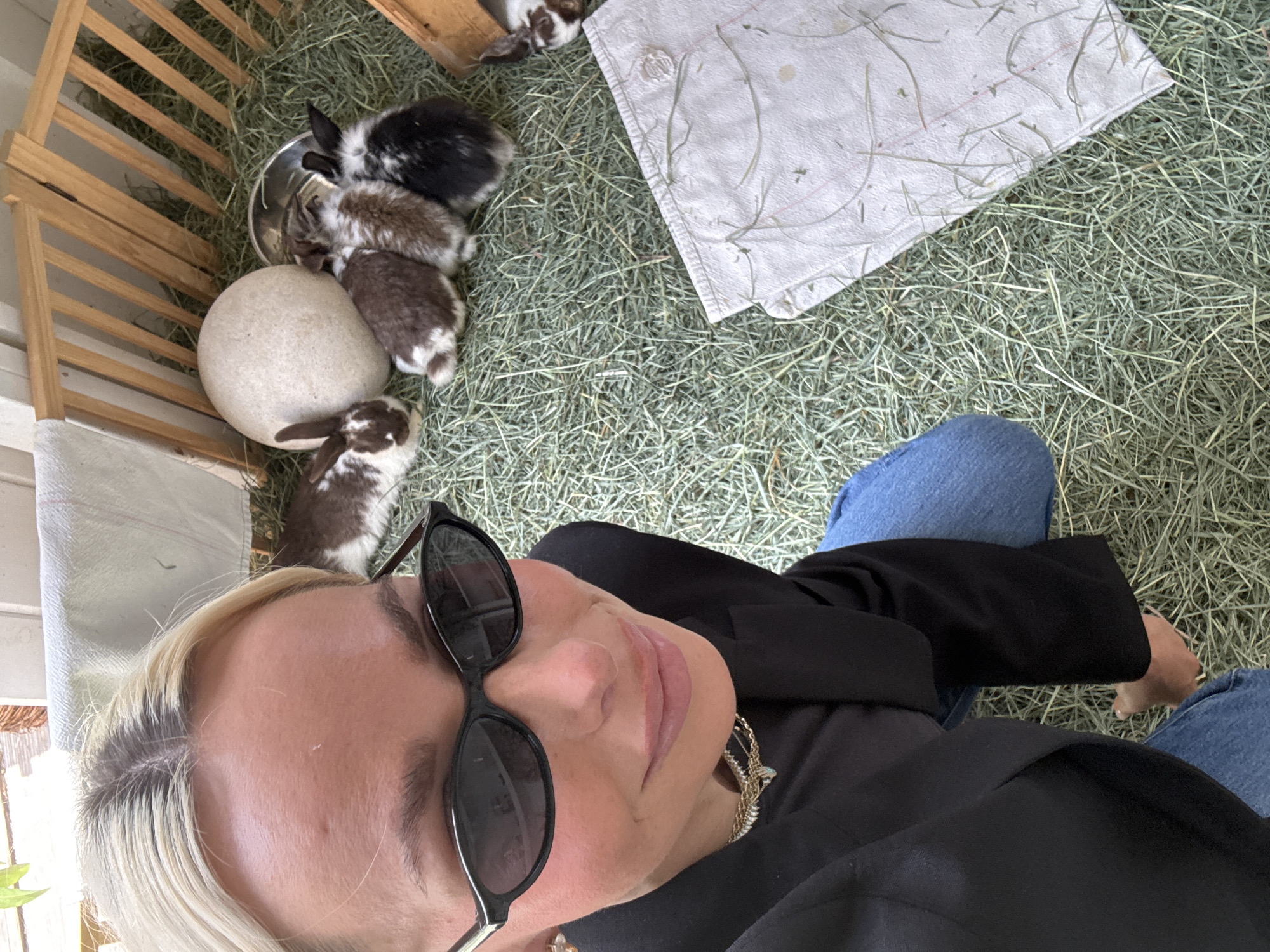 The image appears to be taken from a first-person perspective, looking down at a rabbit pen in Solana Beach, California. Several small, mixed-color (brown/white and black/white) rabbits are visible near a metal bowl and a rock. A white cloth is laid out in the pen, which is filled with hay. A person wearing black sunglasses, a black blazer, blue jeans and a gold necklace is in the foreground. The pen appears to be partially constructed of wood.