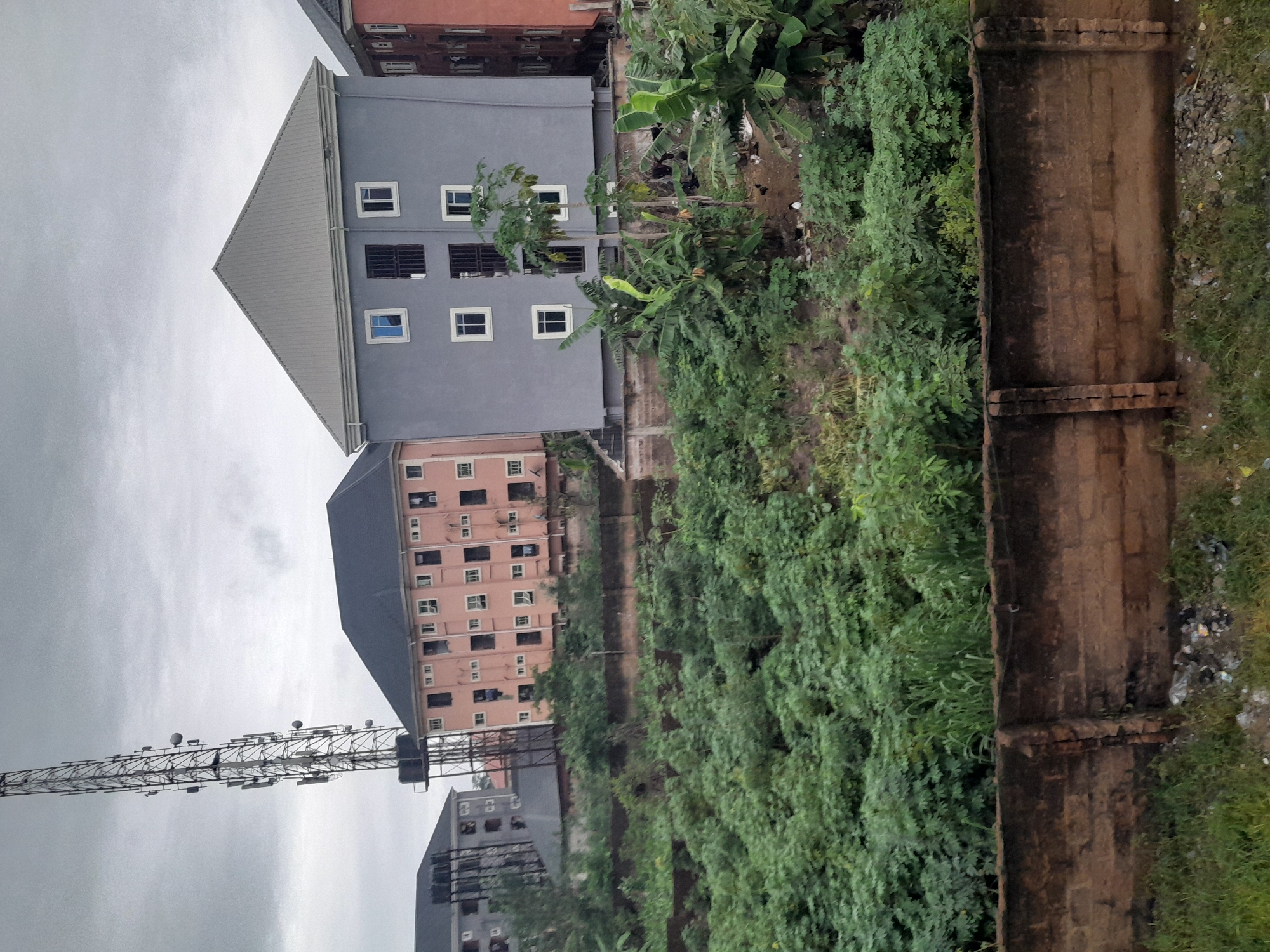 The image, taken in Egbagu, Nigeria, shows a mix of urban infrastructure and vegetation. Several multi-story buildings are visible, some gray and some pink, with multiple windows. A telecommunications tower stands in the foreground. Lush green vegetation fills a large portion of the scene. A brown, possibly brick, wall runs along the edge of the vegetation. The sky is overcast. No people are visible.