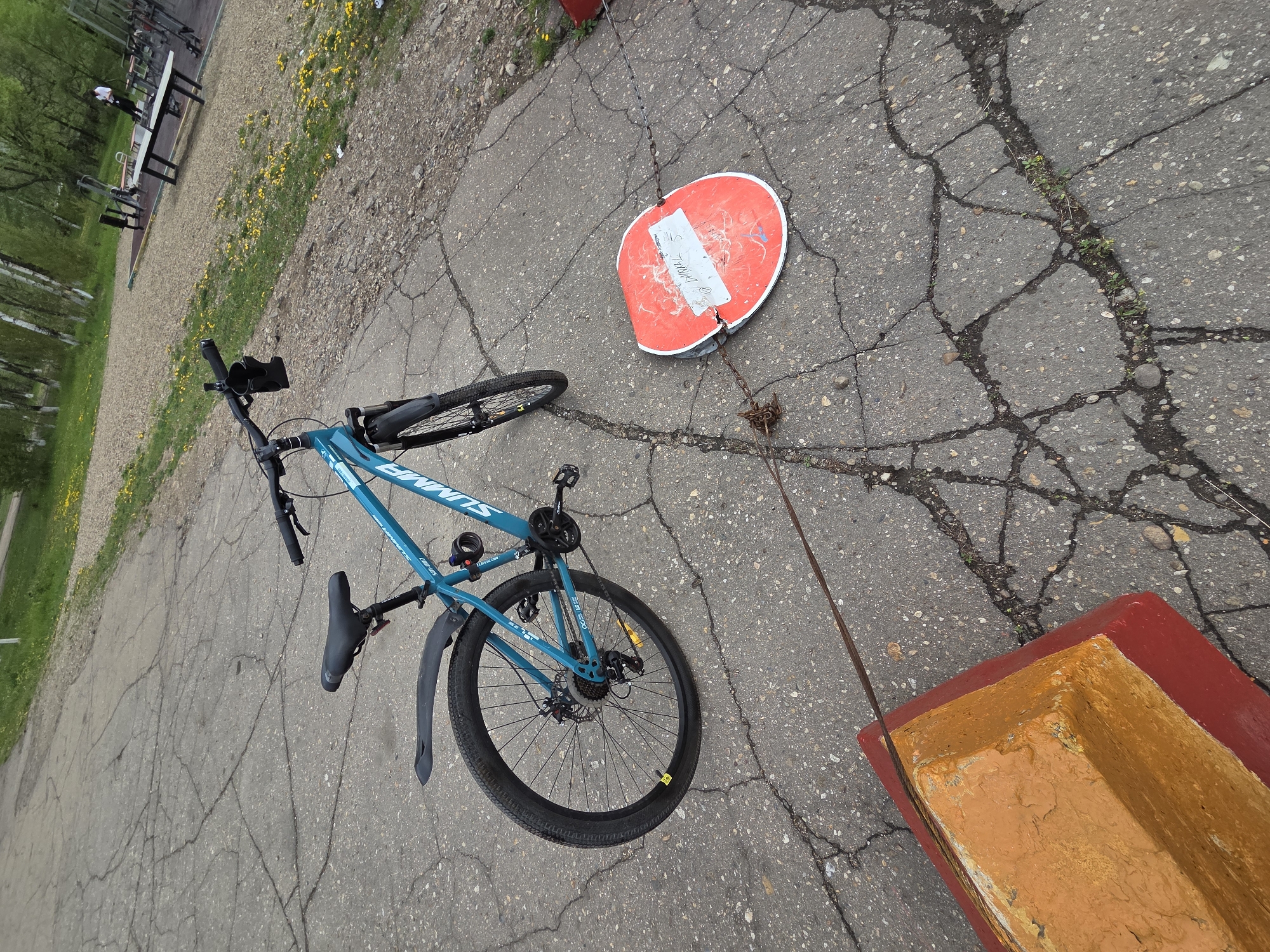 A blue Summit mountain bike lies on its side on cracked asphalt, next to a fallen traffic sign ("No Entry") and a rust-colored metal box. The location is implied to be Birobidzhan, Russia. In the background, a public fitness area with exercise equipment is visible. No people are present in the immediate foreground, but a person is visible near the fitness area.