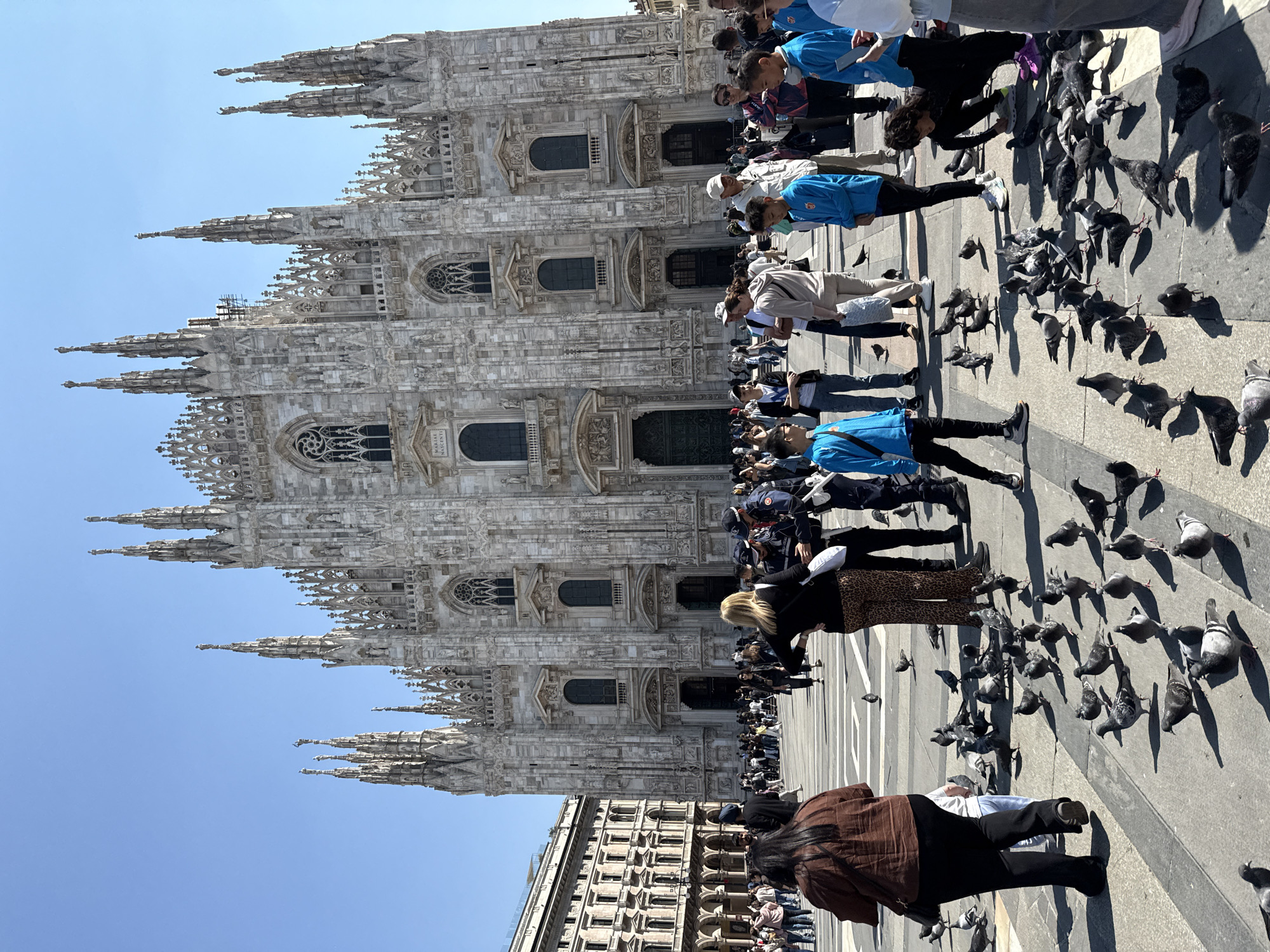 This image captures a scene in front of the Duomo di Milano, the main cathedral of Milan, Italy. The Duomo's facade dominates the background, showcasing its intricate Gothic architecture. In the foreground, a large number of pigeons occupy the piazza's pavement. Numerous people are present, mostly standing or walking, with some interacting with the pigeons. The overall impression is a bustling tourist scene on a sunny day.