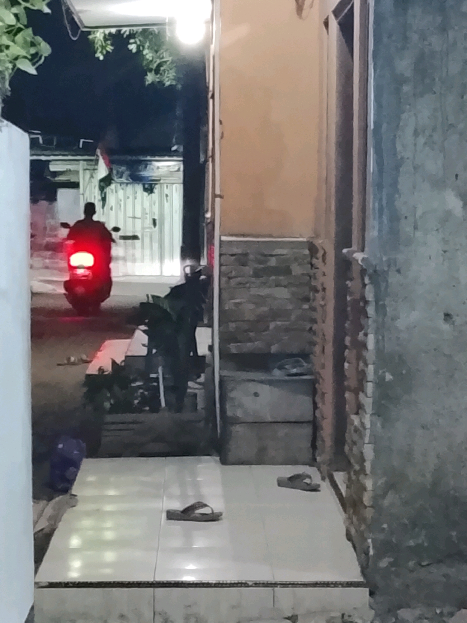 The image depicts a dimly lit outdoor scene, likely a narrow alleyway or pathway at night, located in Ujungrusi, Indonesia. In the background, a person is riding a motorcycle, illuminated by its bright red taillight, which is the primary light source in the scene. The motorcycle is moving away from the viewer. The alleyway is bordered by buildings on both sides, with one side featuring a textured, possibly brick or stone wall, and the other side appearing to be a lighter-colored wall. Directly in front of the viewer, on a tiled surface, are a pair of brown flip-flops. To the left of the tiled area, a dark blue object, possibly a bag or piece of clothing, is partially visible. Lush green foliage hangs from an overhead structure on the left side of the image, contributing to the outdoor setting. The overall impression is one of a quiet, residential or commercial alleyway at rest, with the transient element of the passing motorcycle.