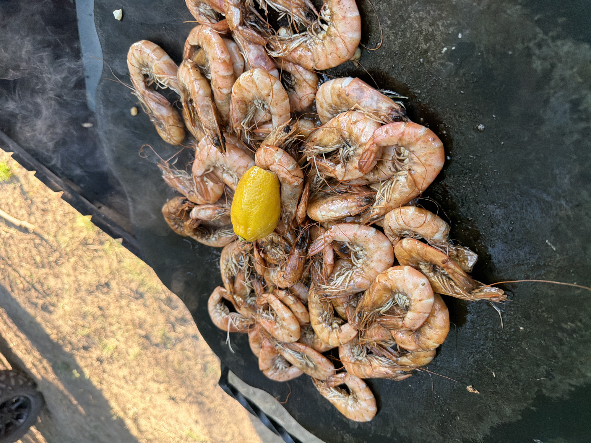 A pile of cooked shrimp, interspersed with steam and a single lemon wedge, is spread across a dark, flat cooking surface, likely a griddle or grill top. The shrimp are various shades of pink and orange, some appearing slightly charred. The surface they are on is dark and appears to be outdoors, as evidenced by the out-of-focus background which shows dappled sunlight on what looks like dry grass and a tire. There is no indication of Vatra, Moldova in the image.
