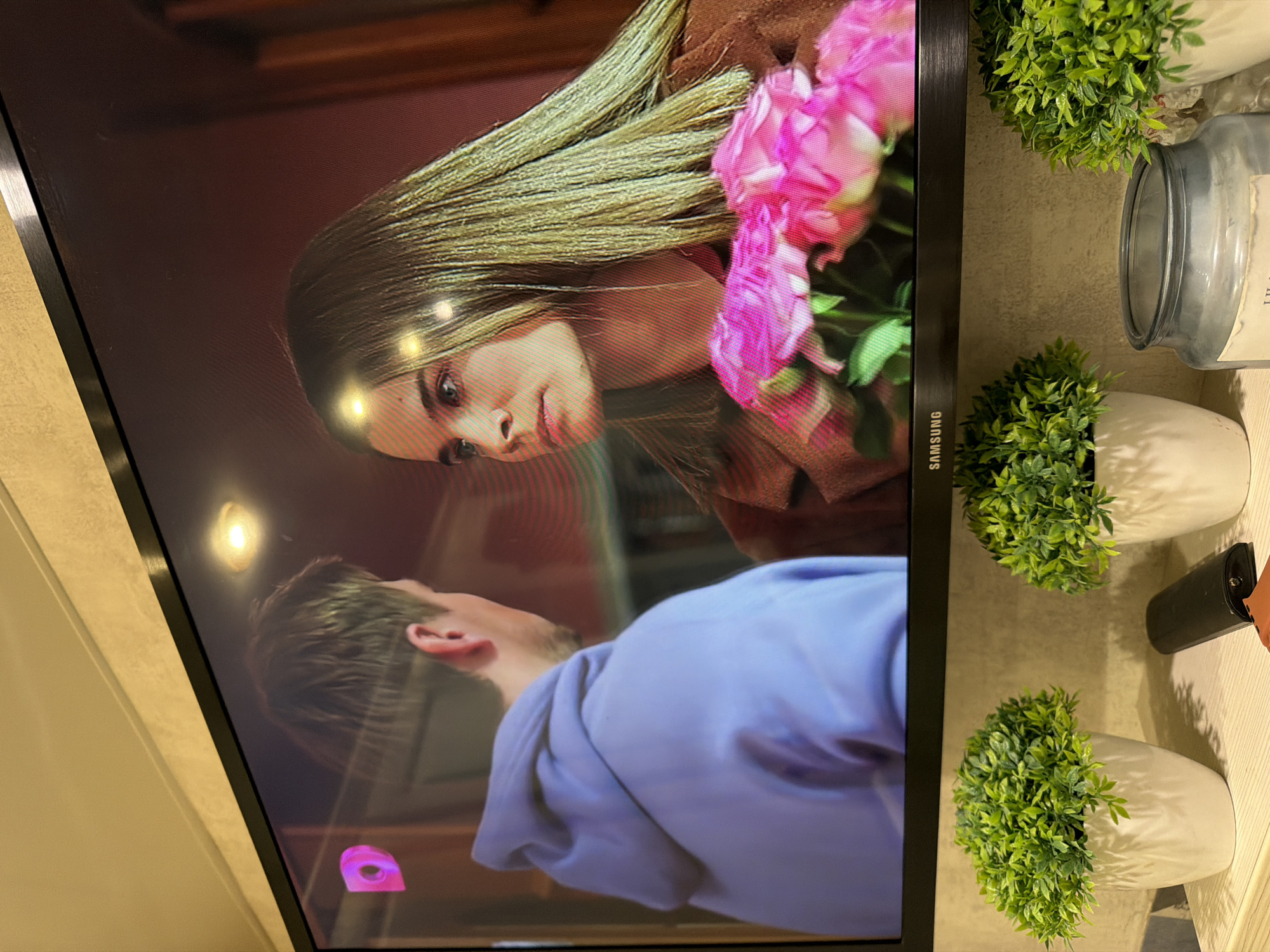 The image shows a television screen displaying a scene with two people and a bouquet of pink roses. On the left of the screen, a man wearing a light purple hoodie is seen from the back, facing away from the camera. His hair is brown and short. On the right of the screen, a woman with long, light brown hair is looking towards the man. She is wearing a brown jacket and holding a bouquet of pink roses. There is a pink logo with a "D" inside it in the top left corner of the screen. The background of the scene on the television appears to be an indoor setting.
Below the television, there are two artificial green plants in white pots. A black remote control is placed on the shelf in front of the plants, next to a large clear glass jar with a grey lid, possibly a candle. The wall behind the plants appears to be textured.
The image is taken from a room, and the television is mounted on a wall. The overall setting suggests a domestic environment.
This image does not contain any information that would allow for its location to be identified in the city of Semiluki, Russia.