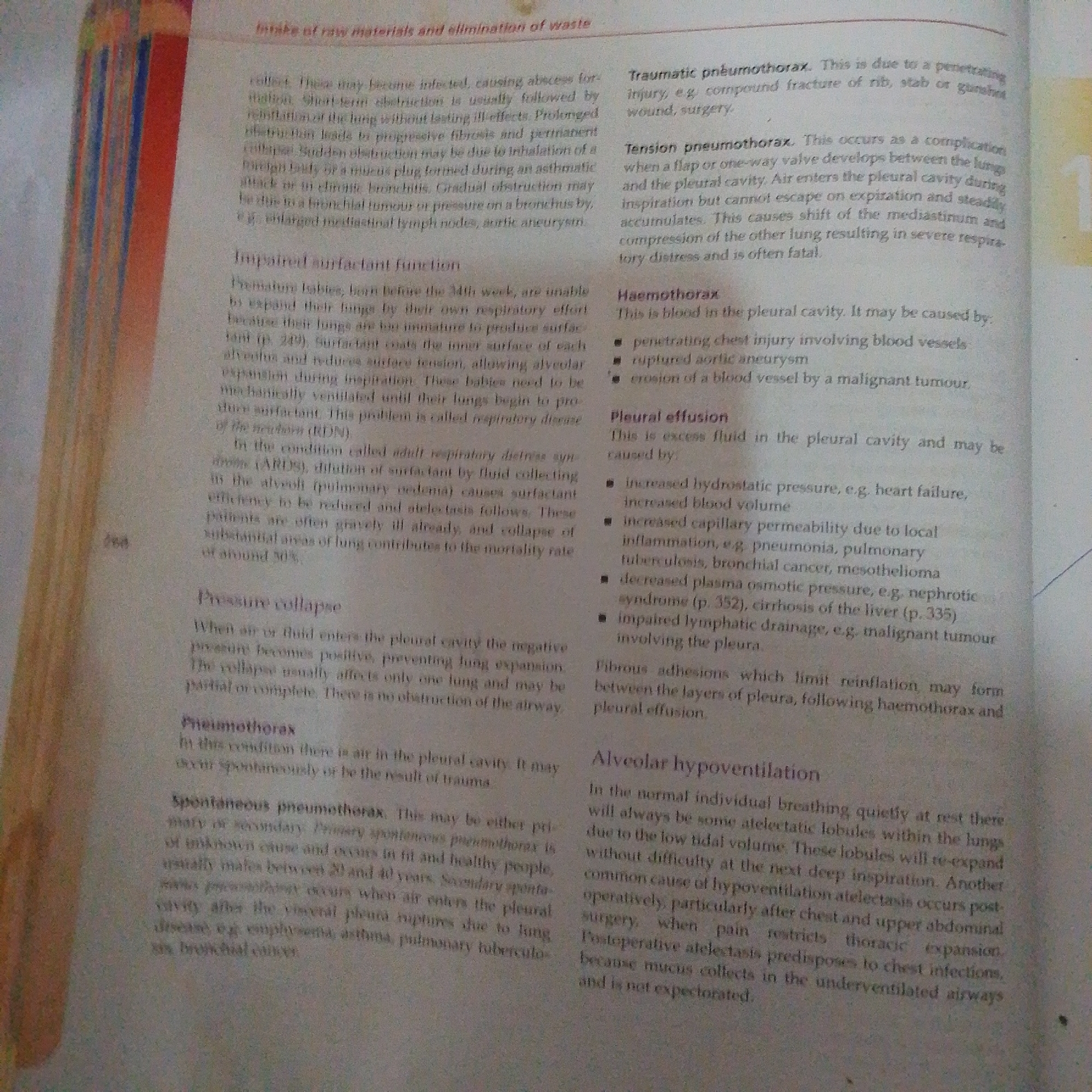 The image is a photograph of a page from a textbook, likely related to medicine or biology, discussing respiratory conditions. The text is printed in English and covers topics such as "Impaired surfactant function," "Pressure collapse," "Pneumothorax," "Pleural effusion," and "Alveolar hypoventilation." There are no people, objects, or environmental features that suggest a specific location in Jalingo, Nigeria, or any city. The image solely contains printed text on a page.