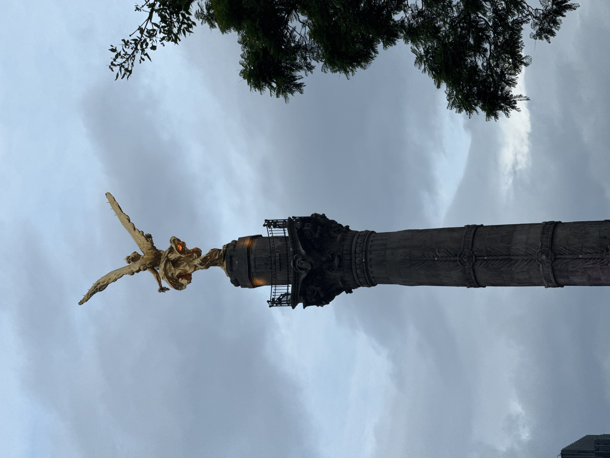 The image shows the Ángel de la Independencia (Angel of Independence) monument in Mexico City, Mexico. The statue of the angel is at the top of a tall column. The sky is cloudy. Some trees are at the top of the image.