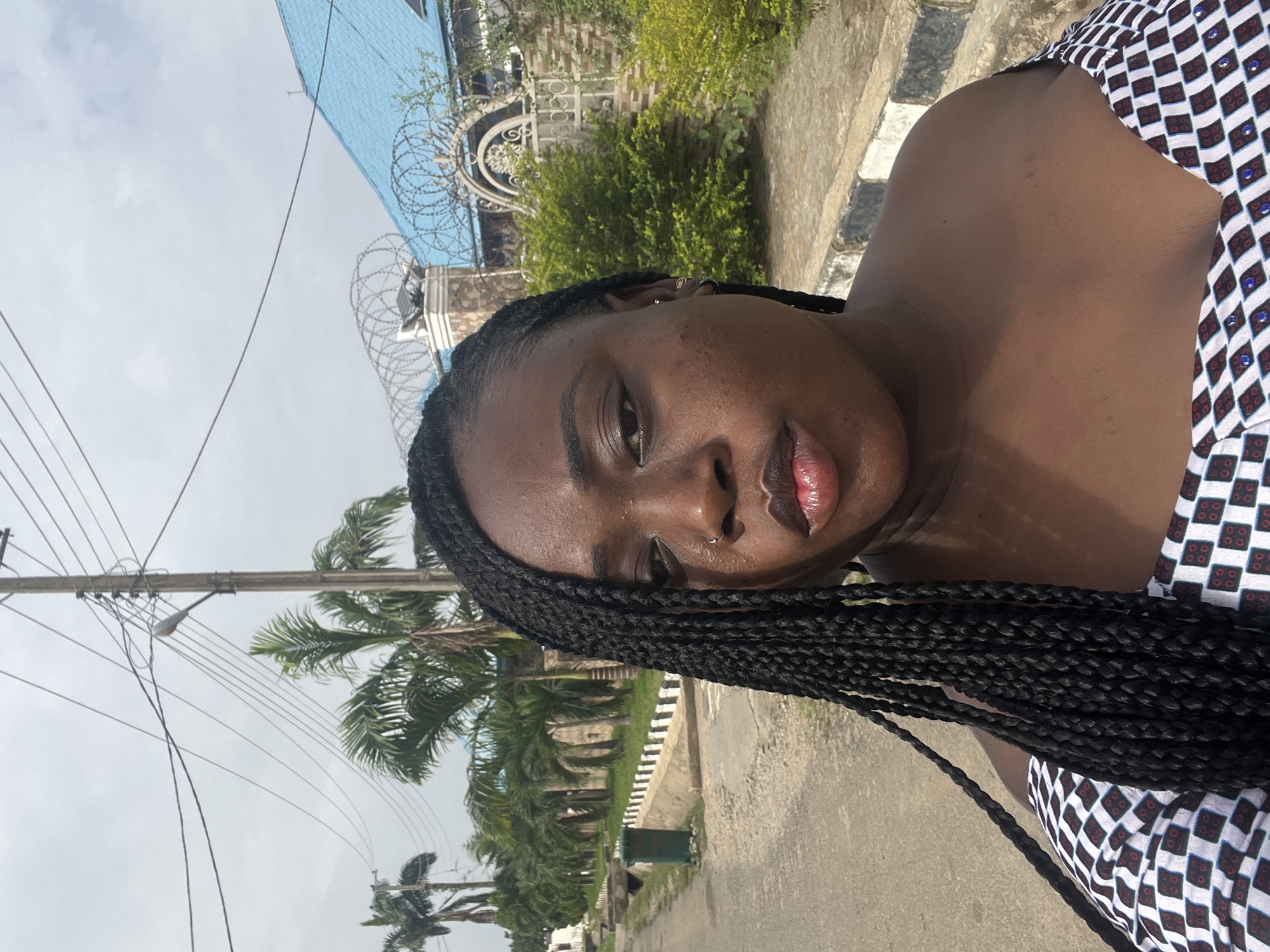 A dark-skinned woman with braided hair is photographed outdoors. She is wearing a patterned garment. In the background, there are palm trees, power lines, a concrete curb, and a building with barbed wire. Based on these details, the location is likely in a residential area in Abuja, Nigeria.