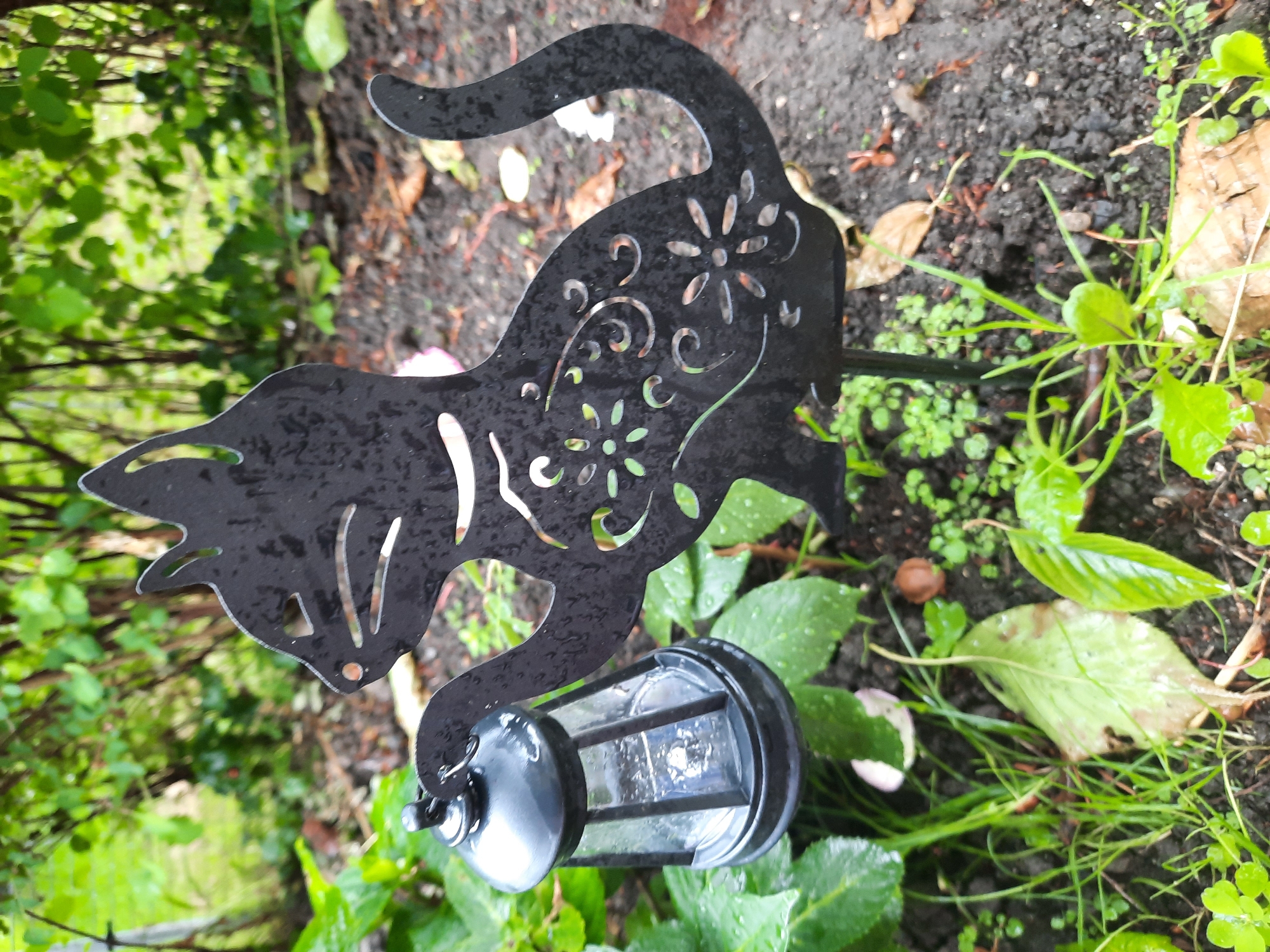 A black metal garden stake in the shape of a cat is planted in the ground. The cat is holding a small solar-powered lantern in its paw. The lantern is made of clear plastic and has a black lid. The cat has decorative cutouts of flowers and swirls on its body. The background is a garden with green foliage and brown soil. The image is taken outdoors.