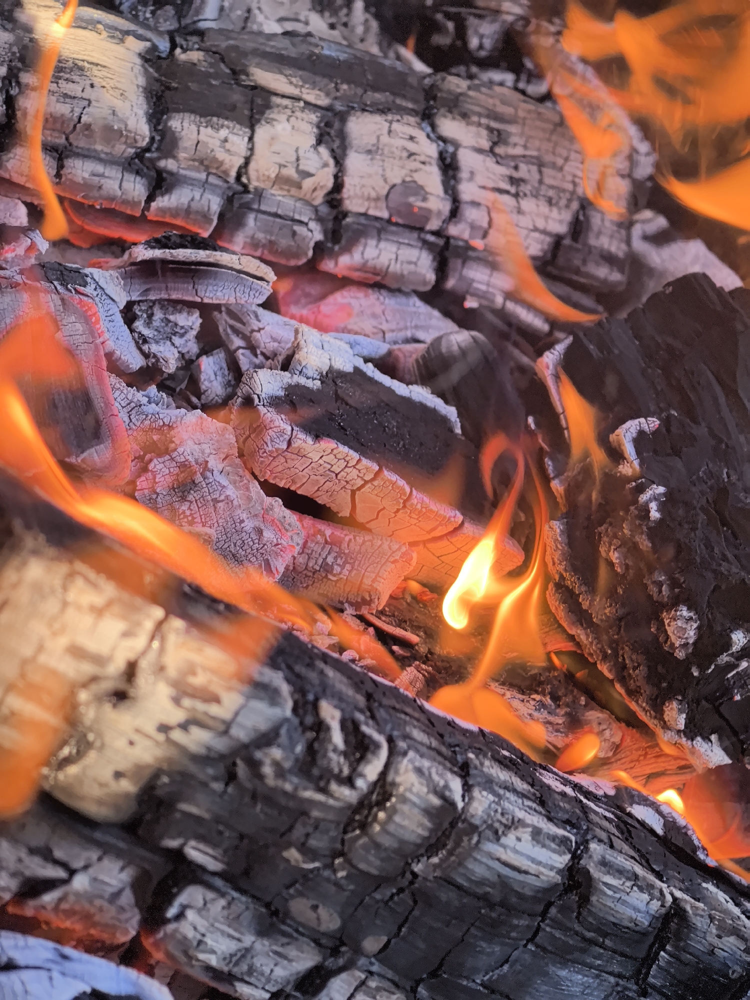 A close-up, overhead view of burning logs in a fire pit. The logs are charred and cracked, with visible embers glowing red and orange beneath the flames. Wisps of orange flame lick up from between the logs, casting a warm light on the scene. The background is dark and indistinct, focusing all attention on the fire. The image does not depict any specific location in Tolyatti, Russia, nor does it contain any people or discernible actions.