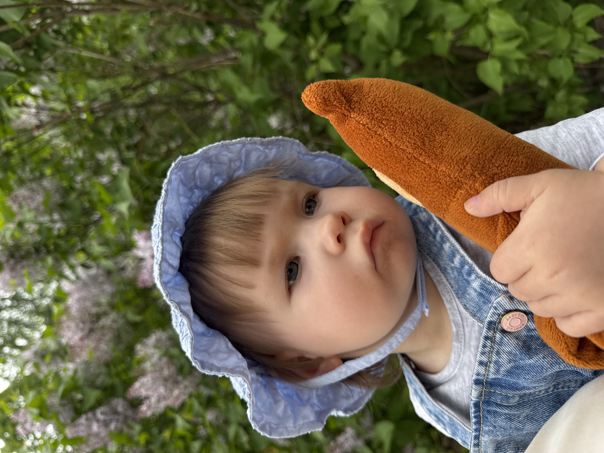 A child wearing a blue bonnet and denim overalls holds a brown stuffed animal against a backdrop of green foliage and lilac blossoms. The image appears to be taken outdoors, and while the presence of lilacs might suggest a park setting, there is no direct indication of Moscow, Russia in the scene. No clear identifiers of the city are visible.