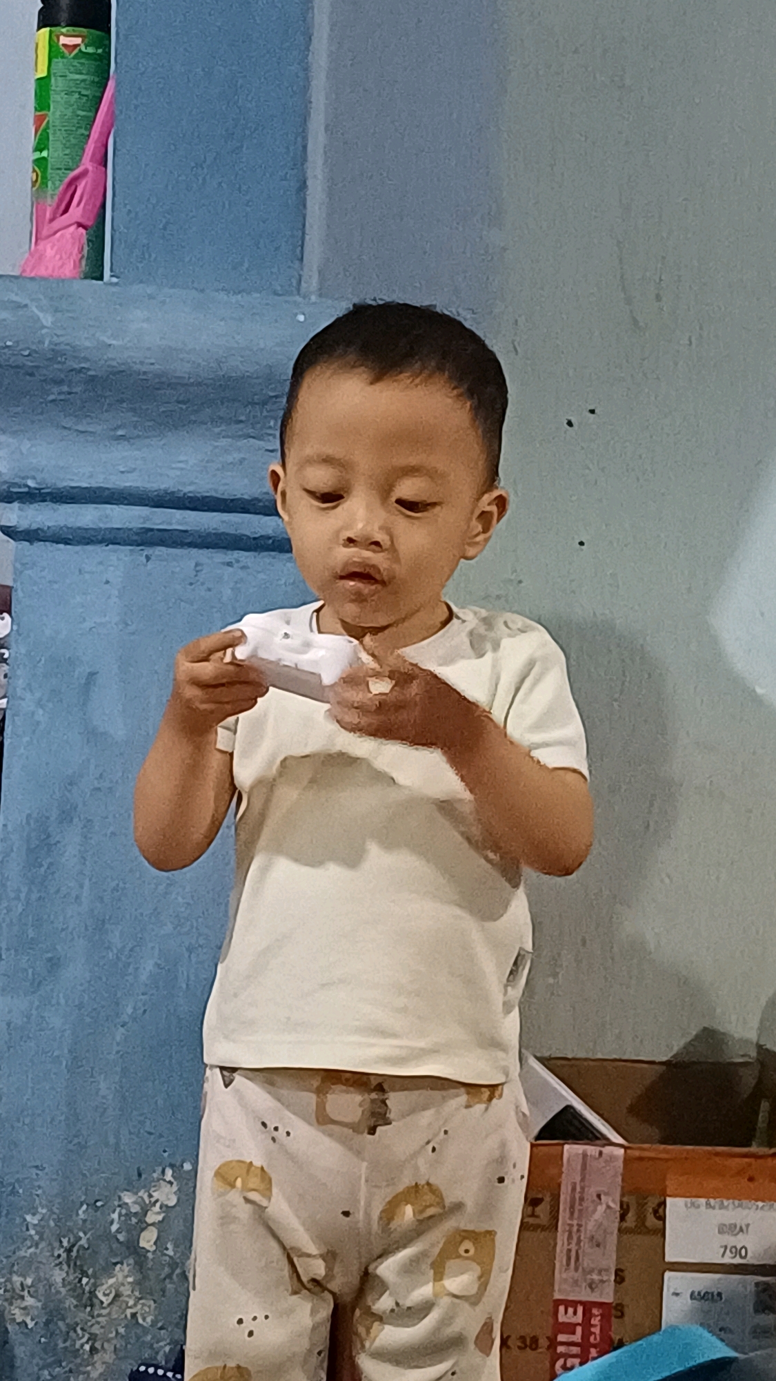 A young boy, approximately four years old, stands in what appears to be a residential interior. He has short, dark hair and is wearing a plain white t-shirt and patterned pajama bottoms featuring cartoon animals. The boy is holding a small, white object in both hands, bringing it closer to his face as if examining or playing with it. He is looking down at the object with a focused expression.
The background consists of a textured, light blue wall with some faint white marks or peeling paint. To the left of the boy, a vertical object with green and pink elements is visible, possibly a cleaning tool or toy. To the right, stacked cardboard boxes are present, with some labels and tape visible, suggesting storage or recent deliveries. The lighting is somewhat dim, casting a soft shadow on the wall behind the boy. The overall impression is a casual, indoor scene in a home environment. The location is identified as Wonokerso, Indonesia.