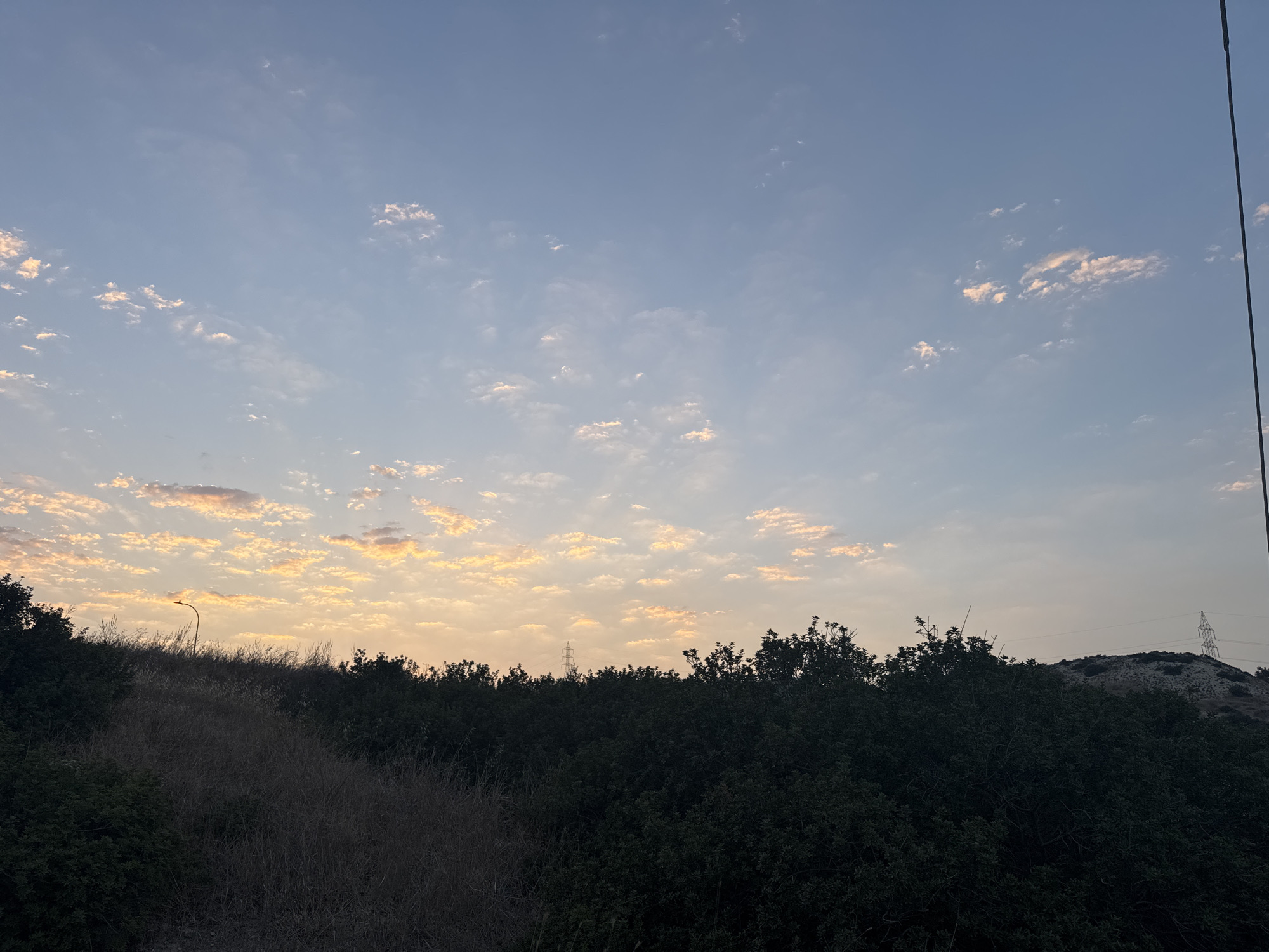 The image depicts a panoramic view of a landscape in the city of Parekklisia Community, Cyprus, during either sunrise or sunset. The sky is a gradient of pale blue at the top, transitioning to softer hues of yellow and pink near the horizon, with scattered clouds tinged with orange and gold. Below the sky, a line of dark green trees and bushes forms the upper edge of a hilly terrain. The foreground features a slope covered in dry, light brown grass and denser green vegetation. A solitary, dark-colored street lamp with a curved arm is visible on the slope. In the distance, on a higher hill, a tall, lattice-like power transmission tower stands against the sky. The overall impression is one of natural scenery, possibly on the outskirts of a residential area given the presence of the street lamp and the power tower.