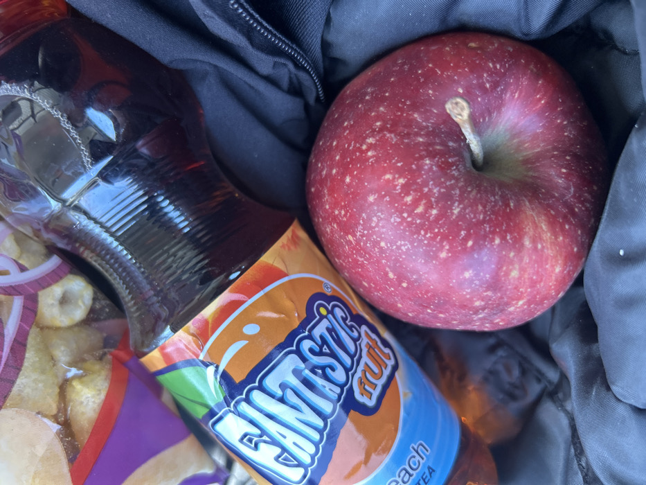 The image presents a close-up, downward-angled view of three food items arranged on a dark, wrinkled fabric surface, likely part of a garment or bag, within an unspecified indoor or vehicle setting in Cherencha, Bulgaria. In the foreground, positioned slightly right of center, is a single, whole red apple displaying numerous lighter speckles across its skin and a short, light brown stem protruding from its indented top. Behind and to the left of the apple, a clear plastic bottle containing a dark amber liquid is oriented diagonally. The bottle features a prominent orange label with "FANTASTIC fruit" in blue and white lettering, and "Peach TEA" visible below. Further in the background, a transparent plastic bag containing numerous light yellow, ring-shaped snack items is partially visible, with a segment of a purple and red design on its packaging. A dark zipper runs vertically along the right edge of the dark fabric background.