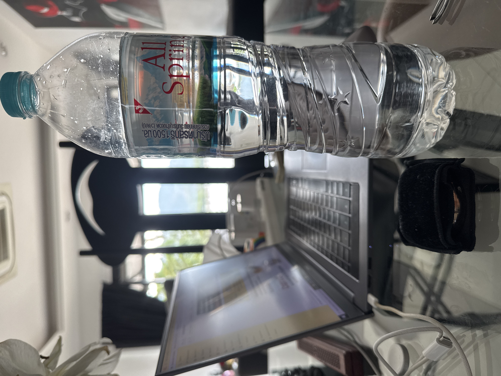 The image depicts a close-up, low-angle shot of a plastic bottle of "All Spring" brand mineral water. The bottle is the primary subject and is positioned in the foreground, slightly right of center. The bottle is partially filled with water, and its ridged design is visible. The label on the bottle features a mountain landscape and the brand name in red. Behind the water bottle, a laptop is open and positioned on a glass table. Cables are visible connected to the laptop. To the left of the laptop, a white flower with large petals is partially visible. In the background, a dark silhouette of a decorative element or furniture is present, along with what appears to be a window or doorway showing a blurred outdoor scene of greenery and mountains under a bright sky. The overall environment suggests an indoor setting, possibly a room with a view of a natural landscape, likely in Ko Samui District, Thailand, given the context.