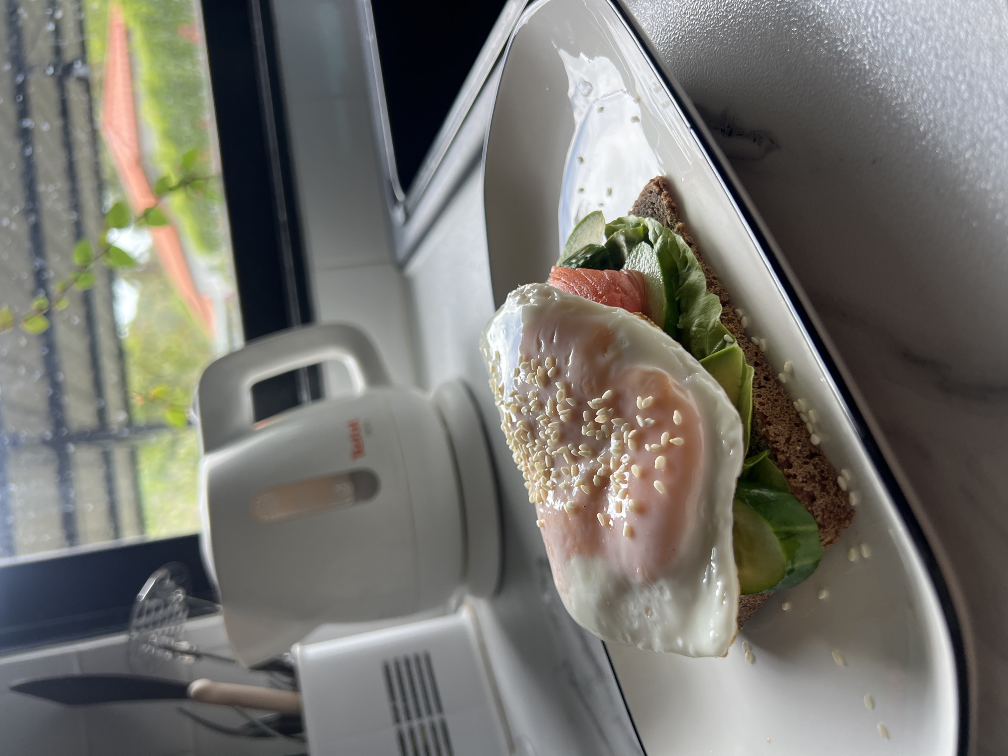 The image shows a plate with a piece of rye bread topped with avocado, lettuce, salmon, and a fried egg sprinkled with sesame seeds. The plate sits on a countertop. A white Tefal appliance is in the background near a window. Outside the window is a blurry view of greenery and a building. The image appears to be taken indoors, in the Unknown area of the city of Unknown.