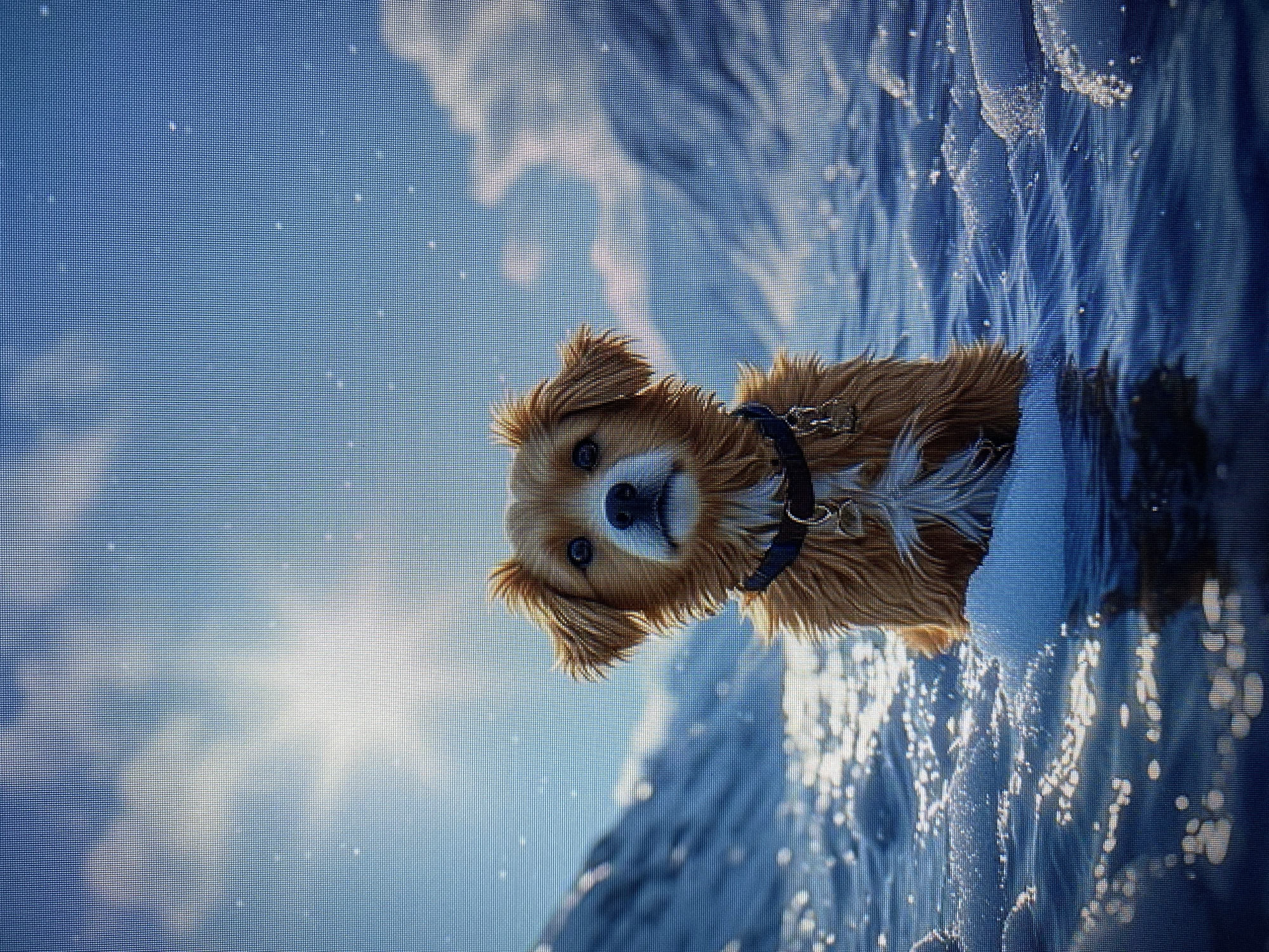 This media file depicts a close-up, low-angle shot of a small, light-brown dog with fluffy fur and alert eyes. The dog is wearing a dark blue collar with a silver chain. It appears to be partially submerged in what looks like water or foam, with bright, sunlit splashes and ripples surrounding it.
The background is a blurry expanse of bright blue and white, suggestive of a sunny sky with clouds, or perhaps the reflection of the sky on a surface. The lighting indicates it is daytime, likely bright and sunny. The overall mood conveyed is one of playfulness and joy, with the dog's gaze appearing curious and engaged.
Given the location context of Yerevan, Armenia, and the visual elements of bright sunlight and water, the scene could be taking place at a lake, river, or even a water feature in a park during warmer months. The image's resolution is pixelated, suggesting it might be a photograph taken of a screen or a digitally rendered image. No text is visible in the image.