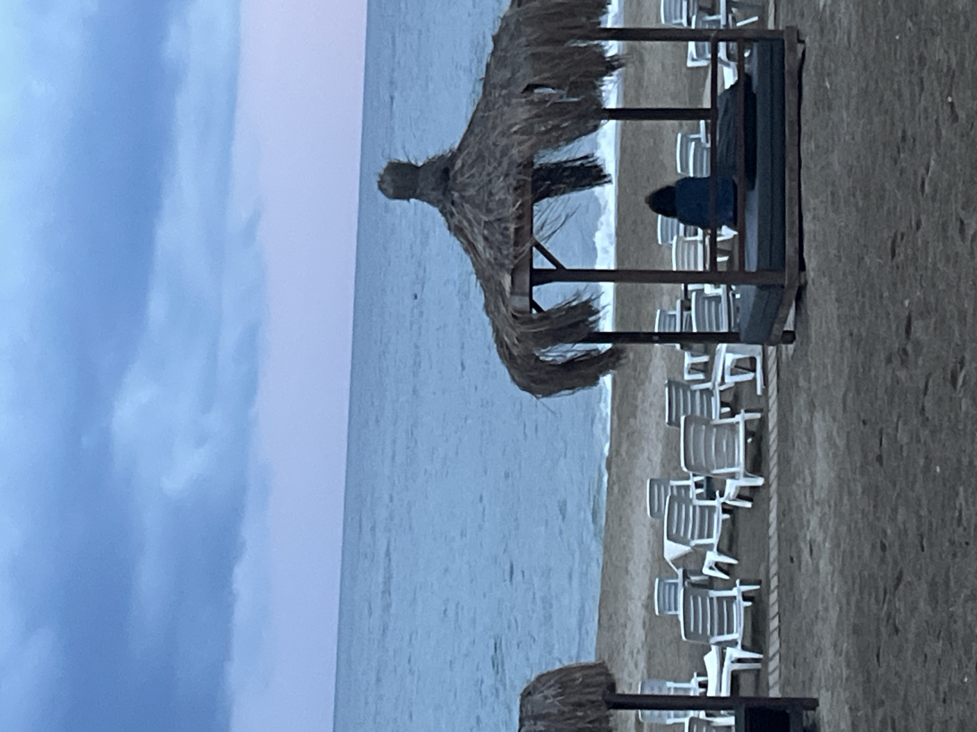 A beach scene in Alanya, Turkey, shows a sandy beach with rows of white plastic chairs and straw parasols. The sea is in the background, and the sky is overcast. One figure sits on a daybed under a parasol.