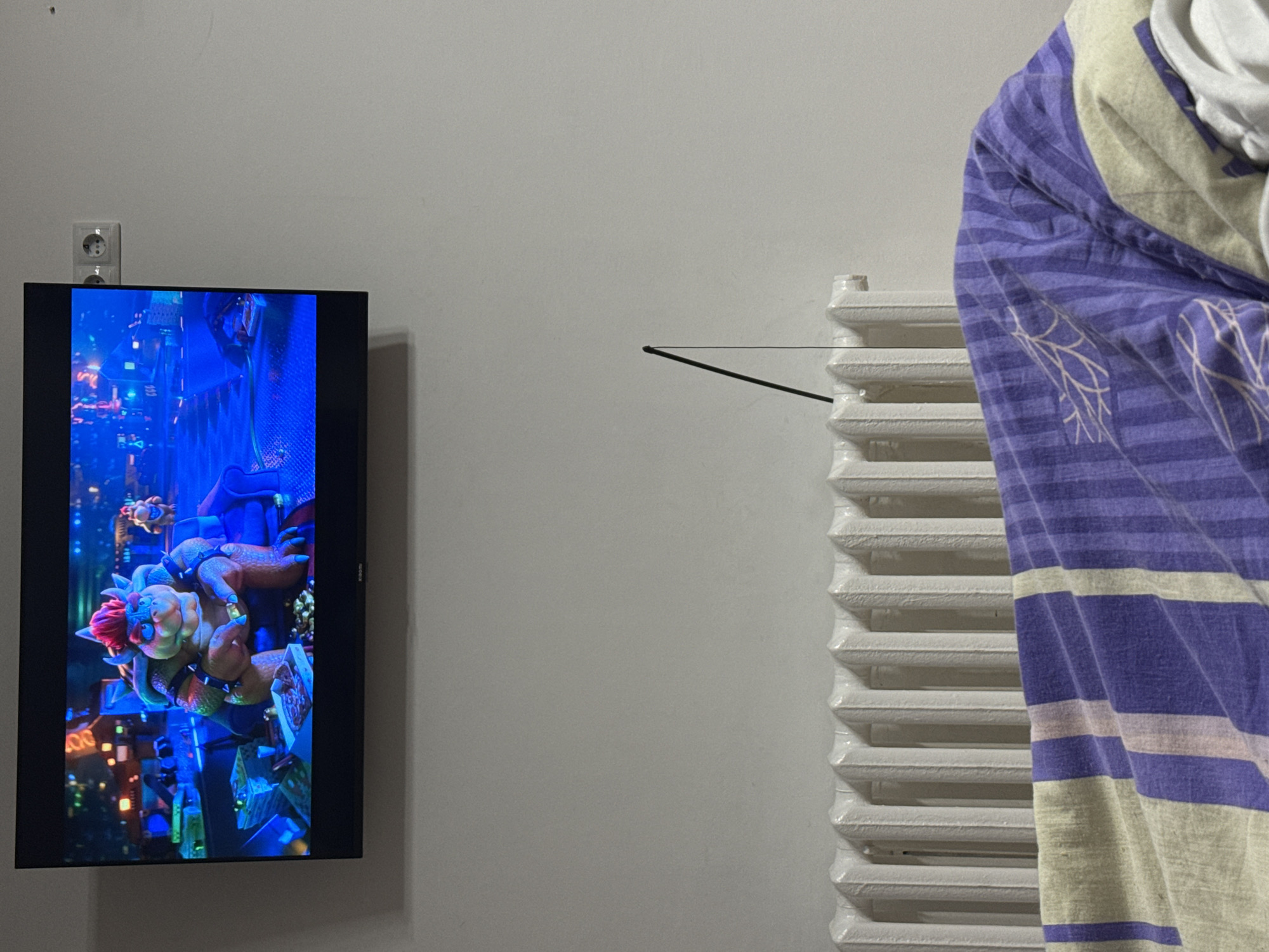 A television screen displays a cartoon of a monster on the wall. Next to the TV, a white radiator is partially covered by a folded purple-striped cloth. A black antenna is pointed towards the center of the wall. A wall outlet is visible near the TV. The location is identified as Perm, Russia.