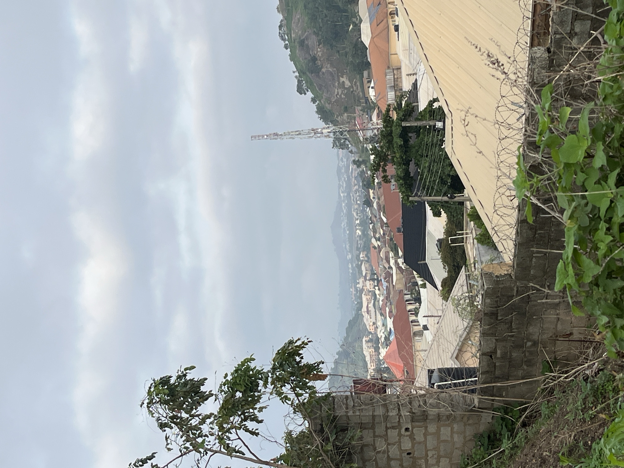 This is a medium shot, taken outdoors on an overcast day, of a sprawling cityscape in Abuja, Nigeria. In the foreground, a partially constructed brick wall is visible, with a tree branch extending from the left side of the frame. Behind the wall, the rooftops of numerous houses with corrugated metal roofs dominate the midground. The houses are varied in style and color, with some featuring red tiled roofs. Further in the distance, more buildings stretch across the landscape, with hills rising in the background. A tall communications tower stands prominently on one of the hills. The overall impression is of a densely populated residential area.