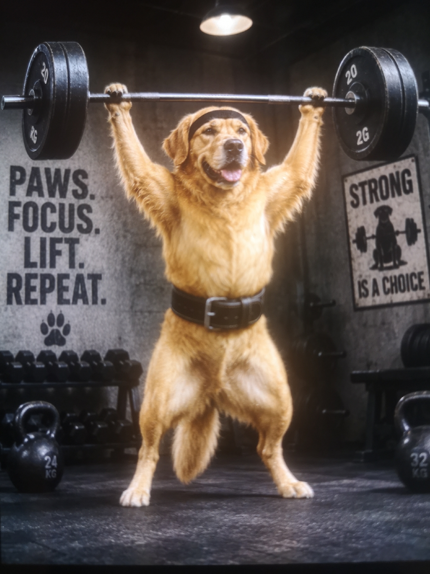 A dog is the subject of this studio portrait, digitally manipulated to give the impression of a muscular canine weightlifter.
The golden retriever stands upright, wearing a black headband and weightlifting belt, and lifts a barbell loaded with weight plates. The plates are labeled "20 KG" and "2G" respectively.
The setting appears to be a gym, as evidenced by the workout equipment present in the background. On the left, a weight rack with dumbbells and a kettlebell marked "24 KG" are visible, while to the right, another kettlebell is marked "32 KG". Text on the wall reads "PAWS. FOCUS. LIFT. REPEAT." along with a paw print graphic. A sign that reads "STRONG IS A CHOICE" is to the right of the dog.