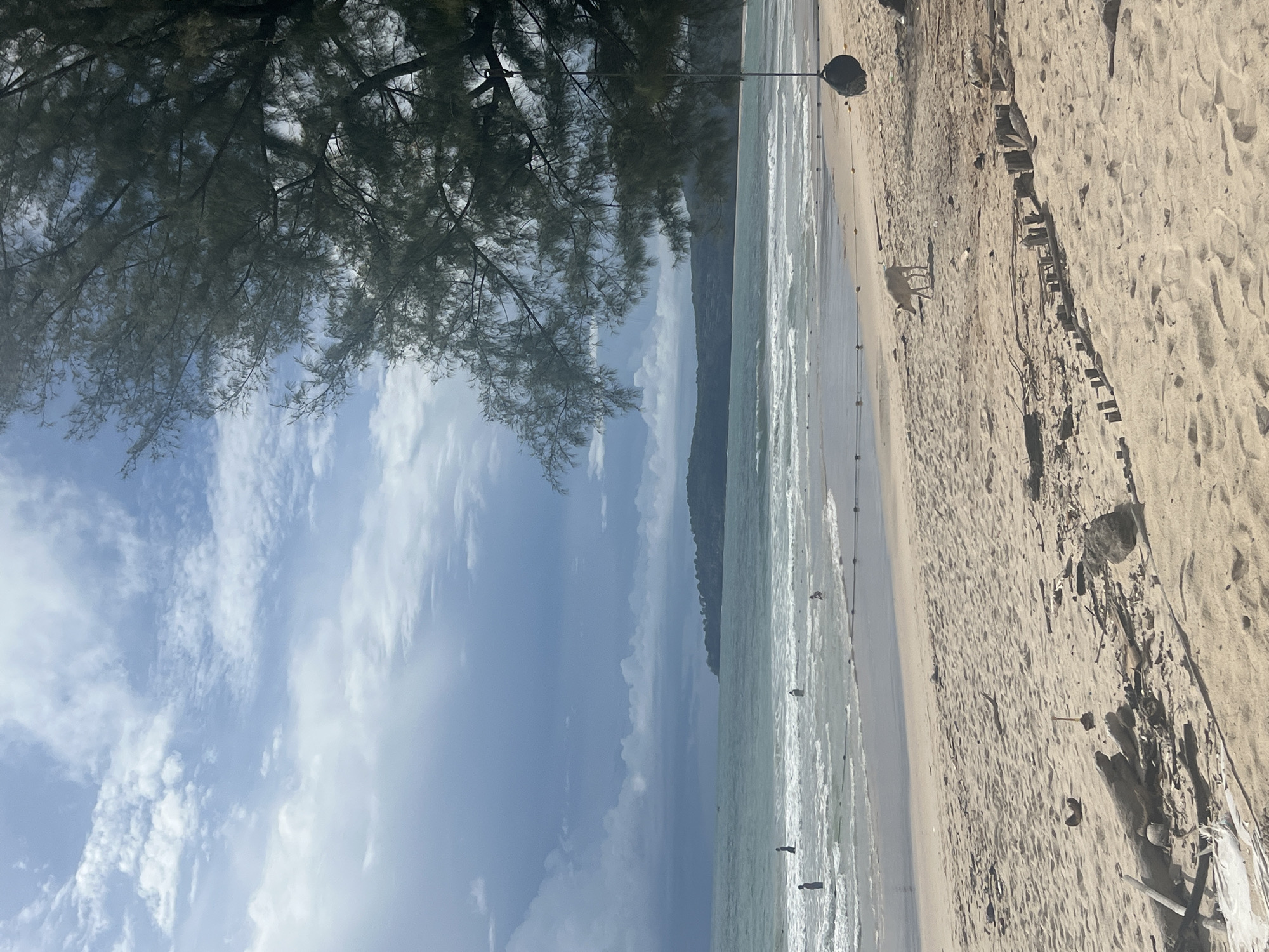 A vertical shot of a tropical beach in Choeng Thale, Thailand, shows a serene scene with a blend of natural beauty and gentle activity. The foreground is dominated by a sandy beach, a pale beige color, stretching from the bottom right of the frame and curving towards the left. Amongst the sand, there are scattered pieces of driftwood and some plastic debris, suggesting the recent presence of human activity or a recent storm.
On the left side of the image, a dense canopy of dark green pine trees partially obscures the sky. The sky itself is a bright blue, with scattered white, wispy clouds.
The ocean occupies the middle section of the image, a soft, muted green with gentle waves lapping the shore. A thin, white line of foam marks the edge of the water. In the distance, a hazy, tree-covered hill forms the horizon line.
Several small figures can be seen on the beach and in the shallow water. Two small figures appear to be standing in the ocean, while another is walking on the sand. In the far distance, the faint outlines of more people are visible along the shoreline. A single, pale-colored animal, possibly a dog or a goat, is visible on the sand, facing left and appearing to be grazing or searching for something.
A tall, thin pole with a dark, spherical object attached to it stands on the sand in the upper left quadrant of the image, a subtle human-made object within the natural landscape. The overall mood of the image is peaceful and relaxed, capturing a typical day at a beach destination. The lighting suggests it is daytime, likely late morning or early afternoon, with the sun casting soft shadows on the sand.