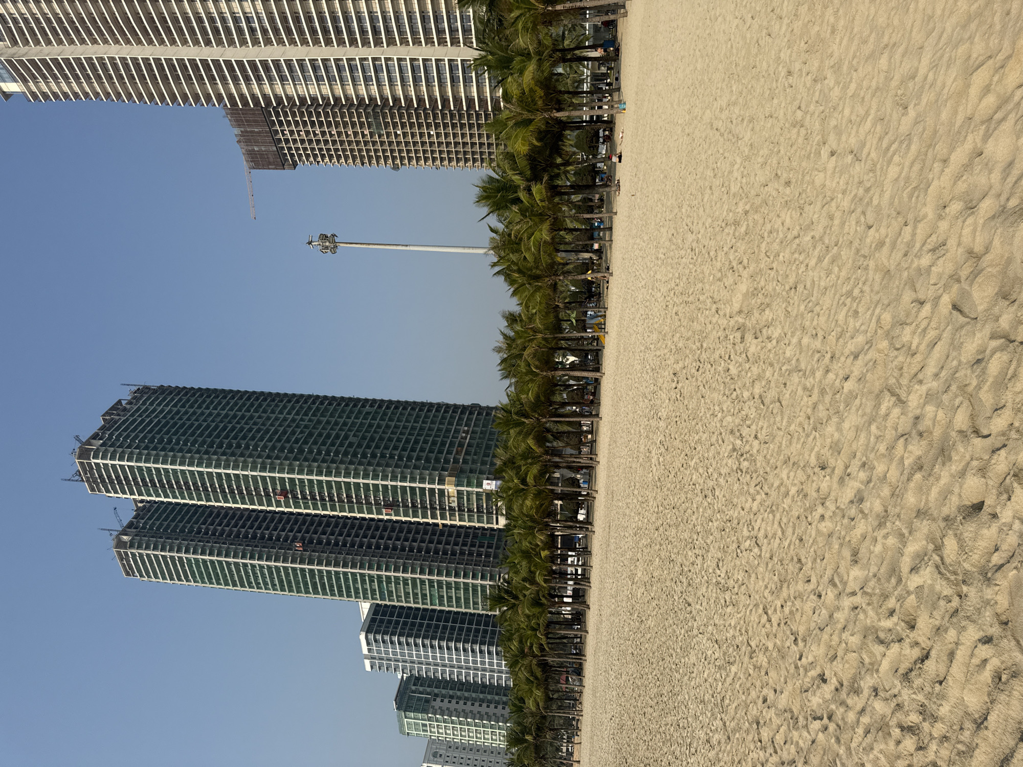 The image depicts a beach scene in Đà Nẵng, Vietnam, with a row of palm trees separating the sandy beach from the cityscape. Several tall buildings stand behind the trees, some under construction. The beach itself is light-colored sand with visible patterns and textures. The sky is clear and blue.