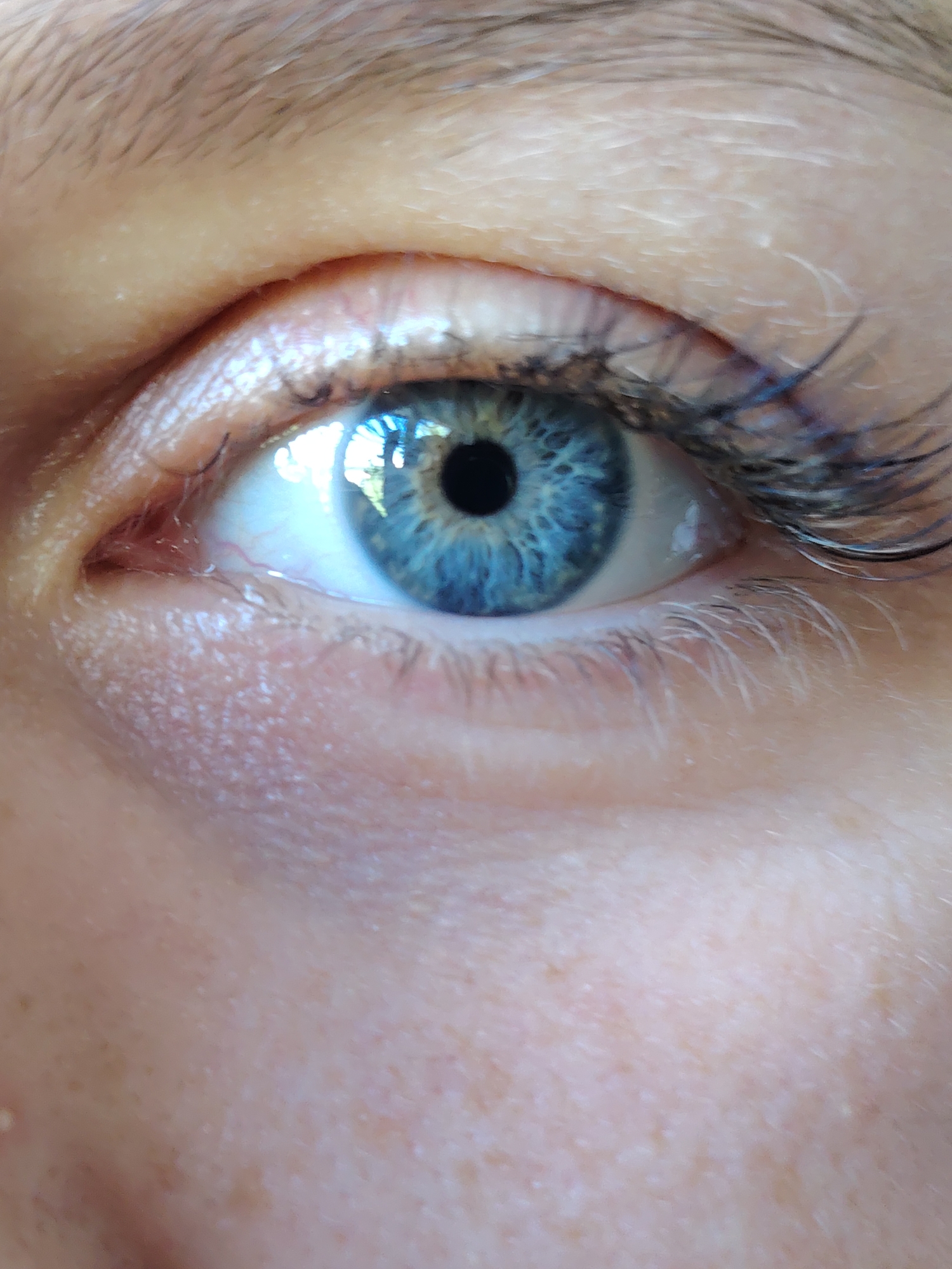 The image shows a close-up view of a human eye with a blue iris. The pupil is black. Eyelashes are visible along the upper and lower eyelids. Skin texture and eyebrow hairs are also present. The image provides no information about the location in Chaikovsky, Russia, or any other details related to a specific scene or event.