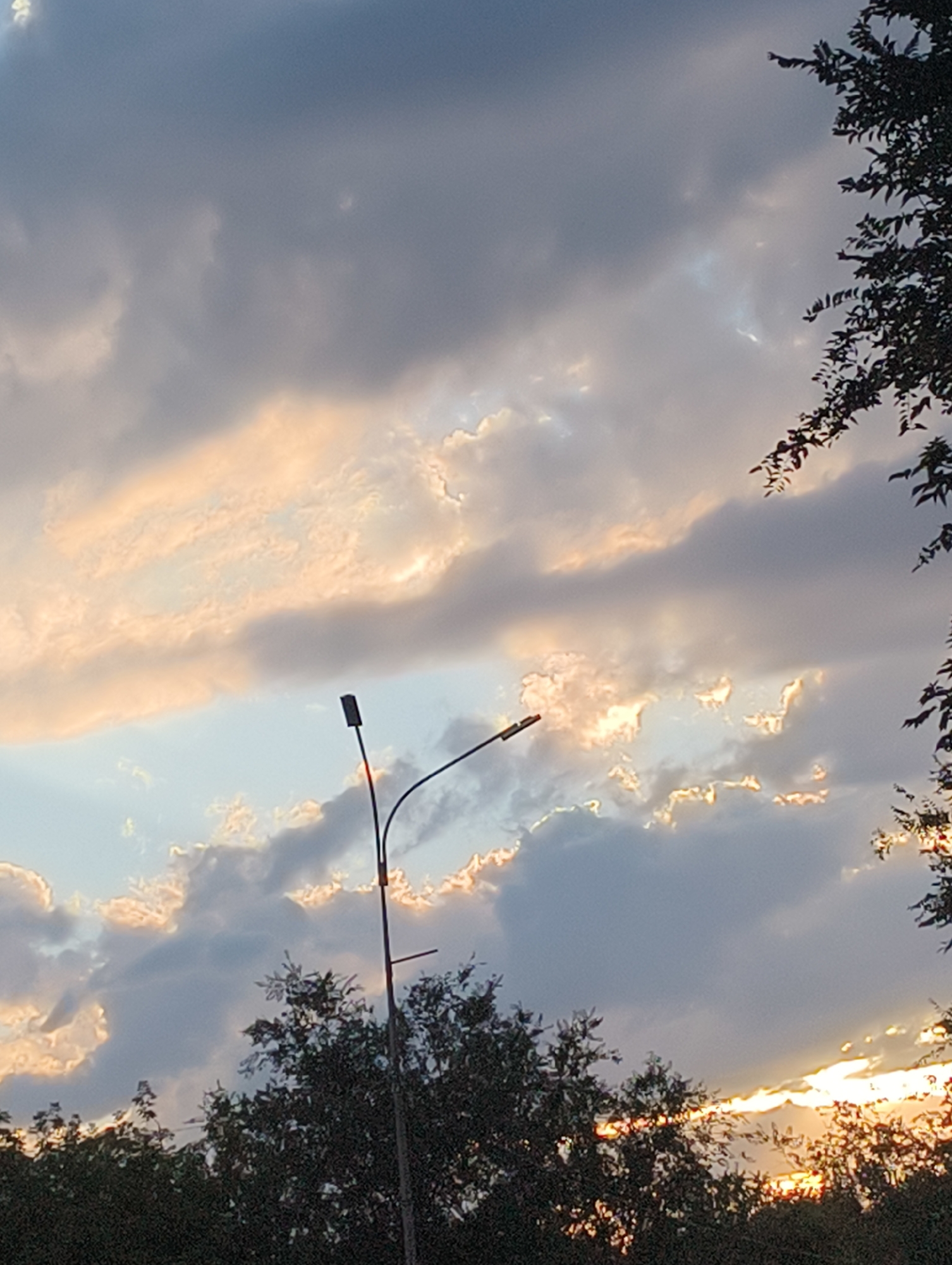 The image depicts a cloudy sky with sunlight breaking through the clouds, creating a warm glow. The scene is set at an outdoor location, likely in a city, given the presence of a lamppost. Silhouetted trees frame the bottom of the image, with the dark foliage contrasting against the brighter sky. The lamppost stands prominently in the mid-ground, its dark metallic structure reaching upwards. The clouds are varied in texture and color, with some appearing dense and grey, while others are illuminated with hues of orange and yellow from the setting or rising sun. The overall impression is one of a natural event occurring within an urban setting.