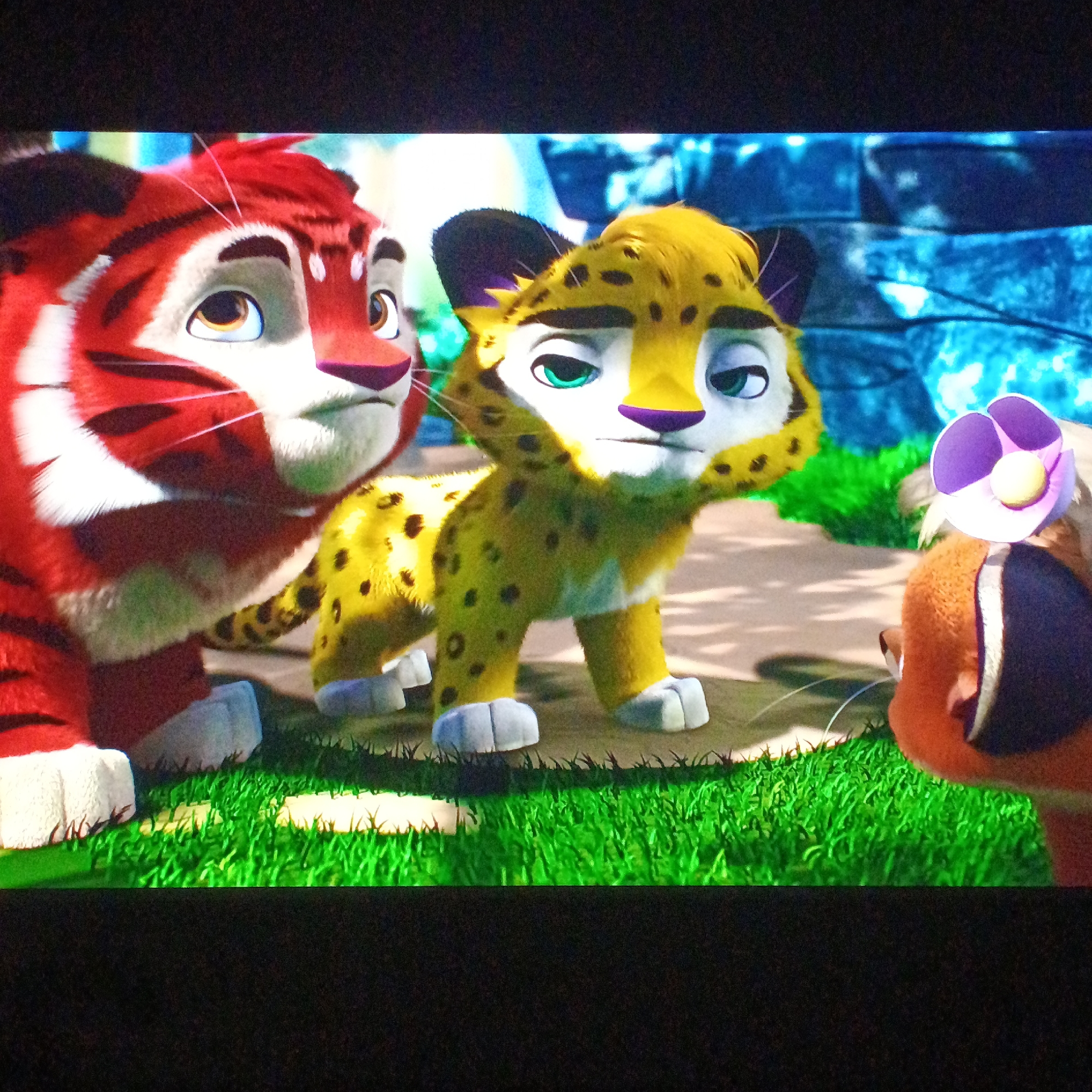 A cartoon image shows three animated animal characters in a seemingly outdoor environment. On the left is a red tiger with white stripes. In the center is a yellow cheetah with black spots. On the right is a reddish-brown animal wearing a large purple flower on its head. The background is a blue and white pattern that seems to be water and rocks, implying a water feature in the environment. The foreground is grassy and green, indicating a forest or park setting. The location, Марковский, Russia, is not evident in the image.