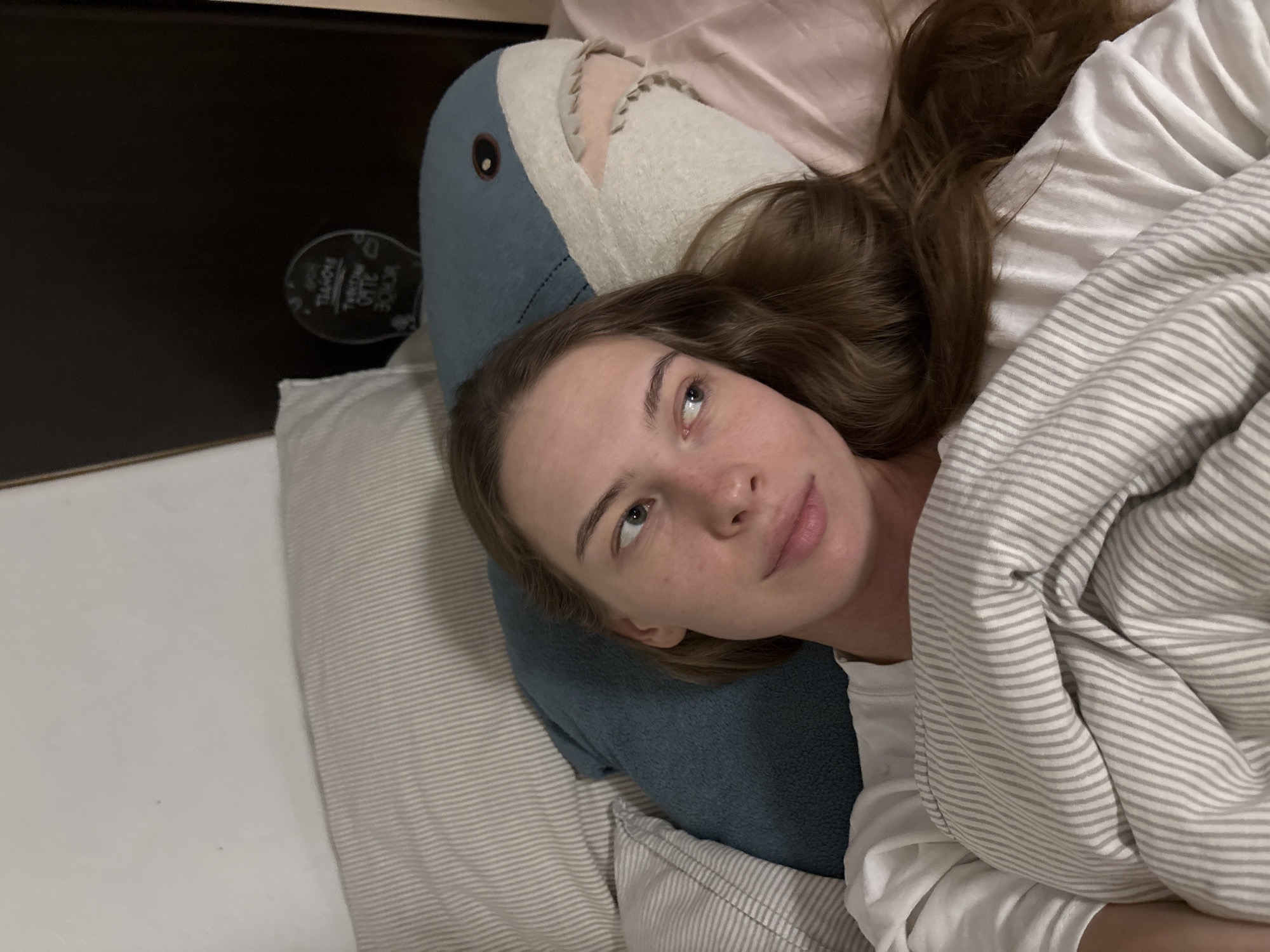 A young woman is lying in bed, looking to her right. She has long, brown hair and is wearing a white t-shirt. She is under a striped blanket. Behind her is a large, blue shark-shaped pillow. The background consists of a dark headboard and a wall. There are some pillows on the bed. The image appears to be taken indoors, in a bedroom. The location is not specified in the image or any accompanying information, therefore, its location in the city of Perm, Russia cannot be determined.