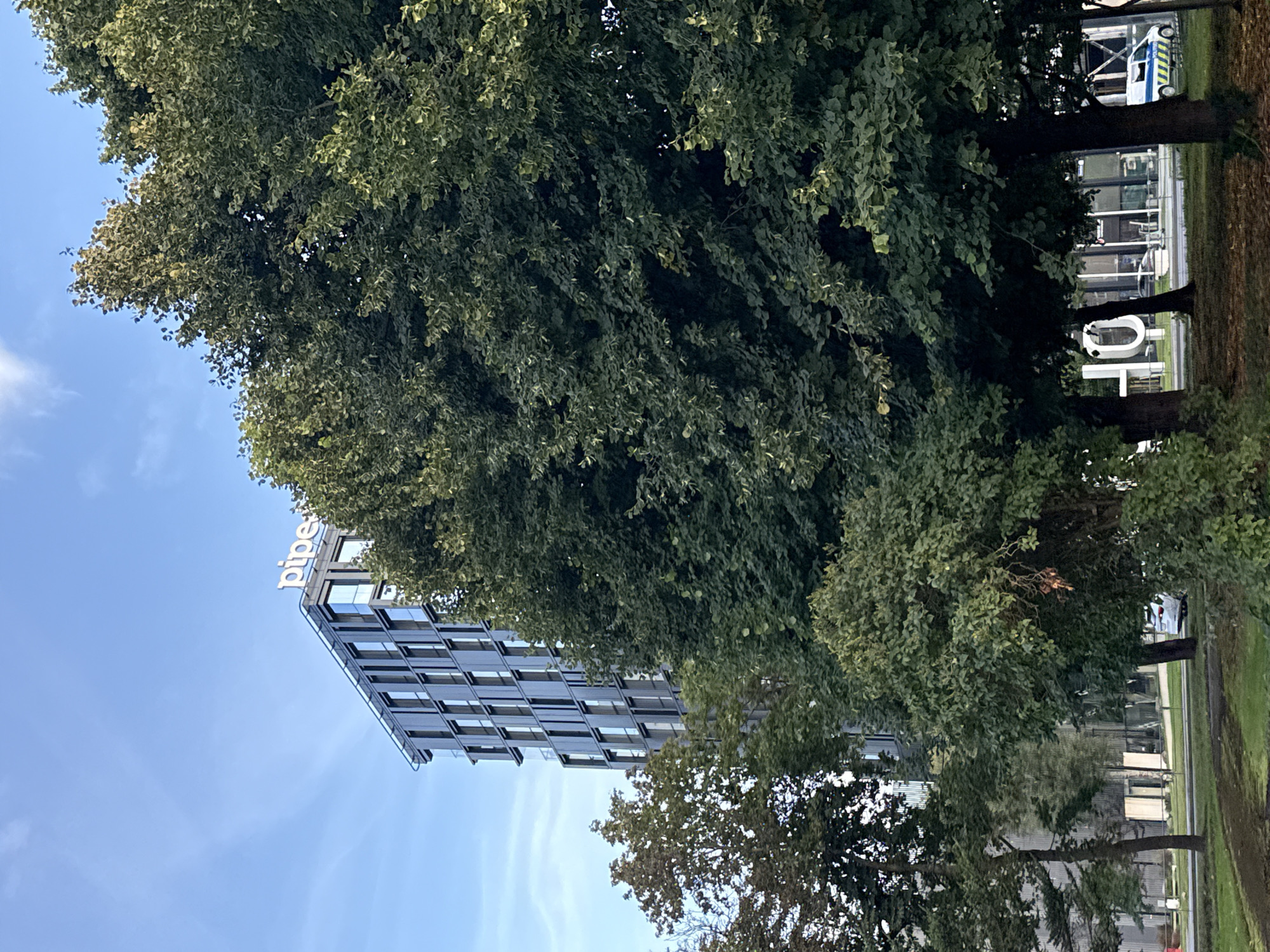 The image shows a modern glass and steel office building with the word "pipe" visible on its roof, located in Tallinn, Estonia. The building is partially obscured by large, leafy green trees in the foreground. The sky is blue with a few scattered clouds. In the background, there is a street with a white car and a police van. The overall scene suggests an urban environment.
