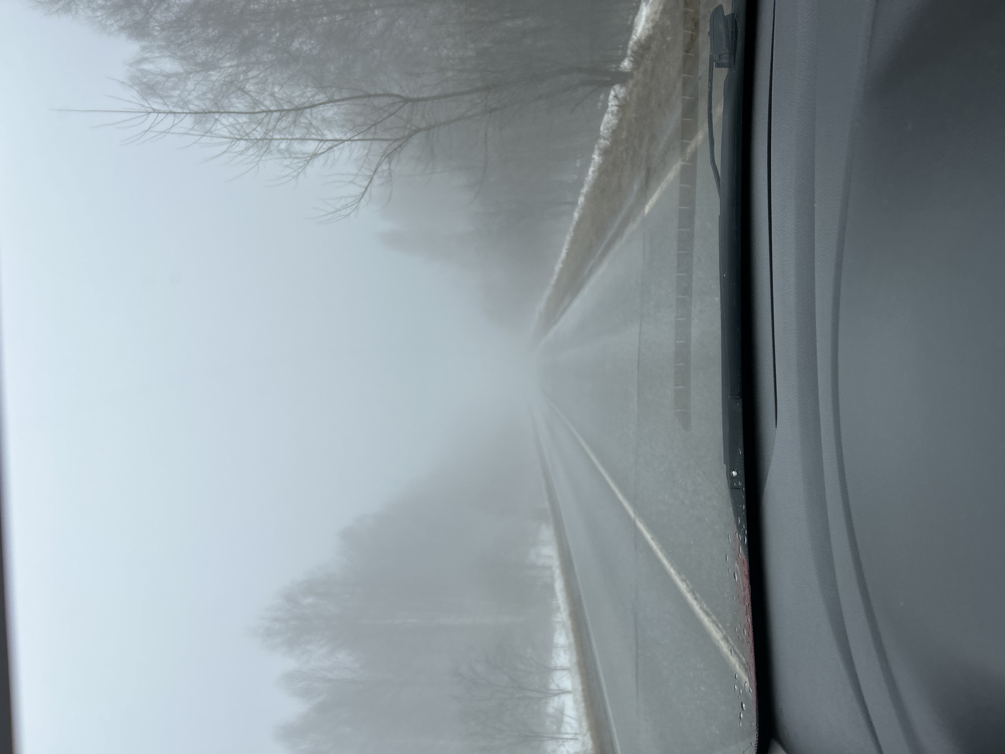The image, taken from inside a vehicle in Уральское, Russia, shows a road ahead shrouded in heavy fog. The road is paved with white lane markings. Bare trees are visible on either side of the road, further obscured by the fog. The vehicle's interior, including the dashboard and a windshield wiper, is visible in the foreground.
