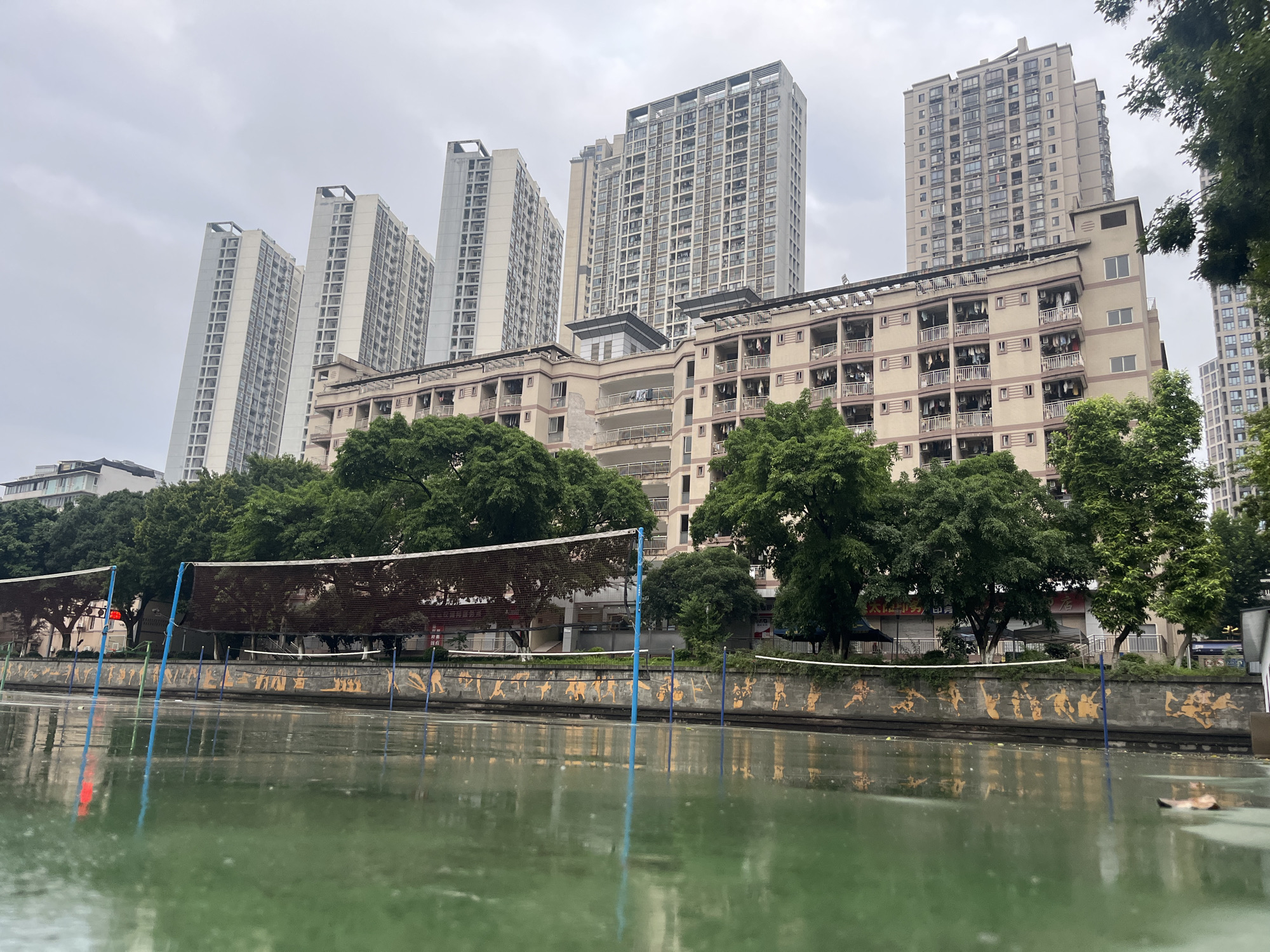 The image depicts an urban waterside scene in Yuzhong District, China, under an overcast sky. In the foreground, a still body of green water, likely a canal or river, reflects the objects above its surface. A dark-colored net, resembling a volleyball or badminton net, stretches across the water, supported by two blue poles; the left pole is fully visible, and both are reflected in the water.
Behind the water, a concrete retaining wall runs horizontally, adorned with numerous yellow/orange painted human figures engaged in various athletic poses and sports. Lush green trees line the bank behind this wall, partially obscuring the lower sections of buildings.
In the mid-ground, a long, multi-story residential building with a beige and brown facade features multiple balconies, many of which display hanging laundry. Above and behind this lower structure, a cluster of modern high-rise apartment buildings dominates the background. These towers vary in color, some appearing light grey or white, and others a similar beige-tan. They are uniformly designed with numerous windows and balconies. No individuals are visible in the scene, and no explicit actions or interactions are depicted. The overall impression is one of a dense urban residential area with a public recreational space.