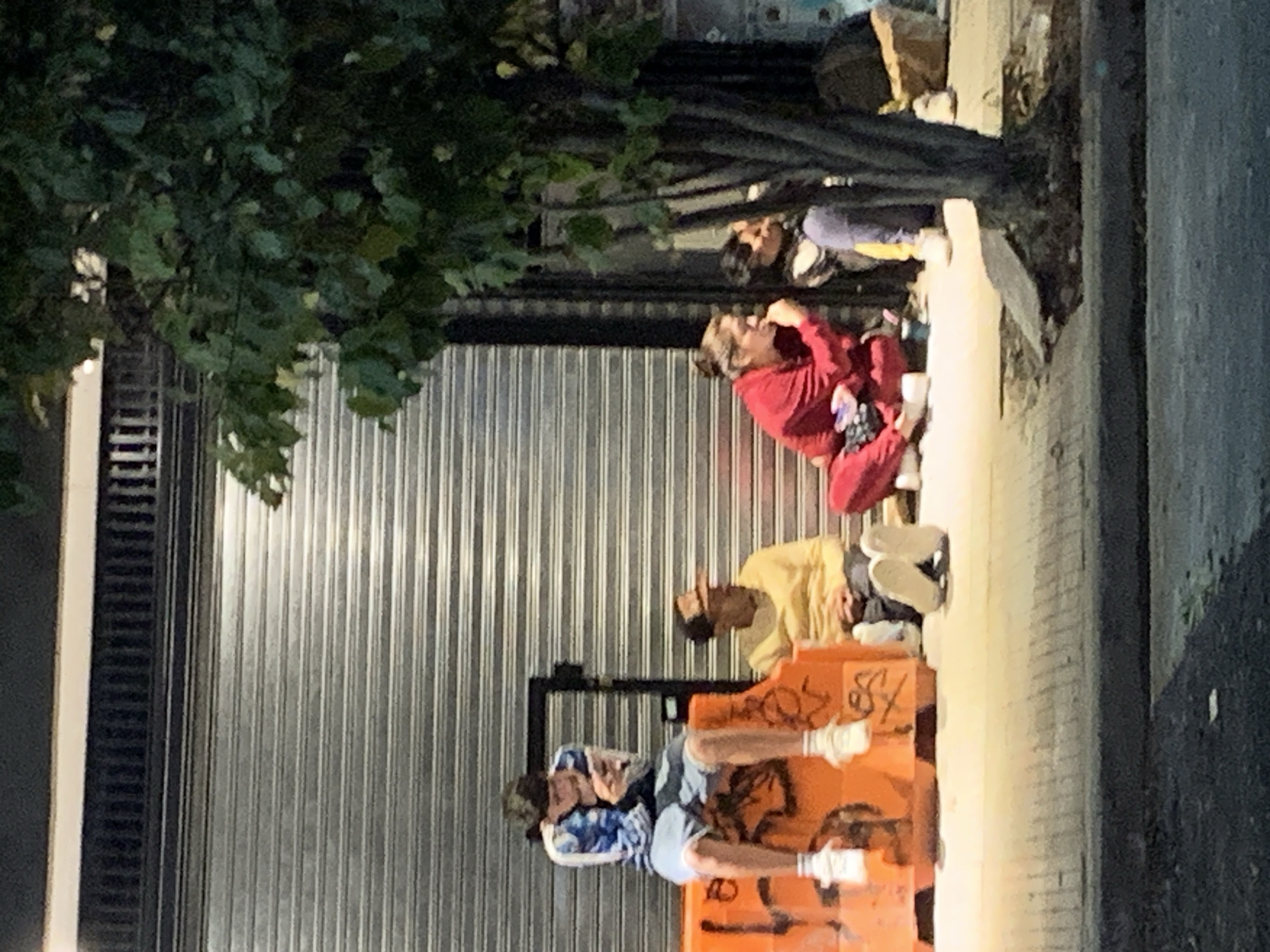 Four people are sitting on the sidewalk next to a closed storefront with a corrugated metal shutter. One person is wearing a blue patterned shirt and sitting on an orange barrier. Another person is wearing a yellow shirt and sitting on the sidewalk. A third person is wearing a red tracksuit and sitting on the sidewalk. A fourth person is wearing a purple shirt and sitting on the sidewalk. A tree is partially obscuring the view. The location is likely in the city of Buenos Aires, Argentina.