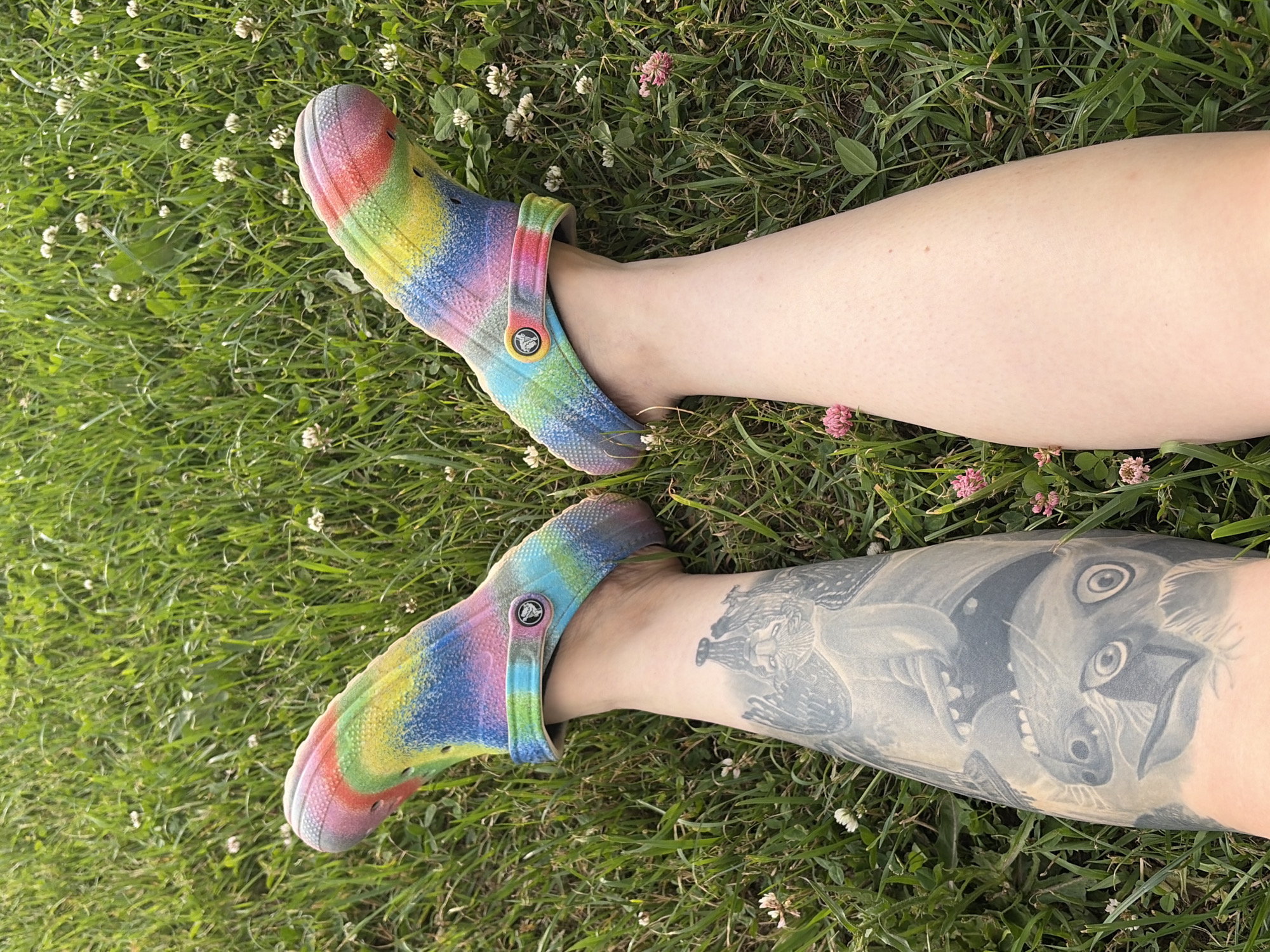 The media file shows a close-up, overhead view of two legs lying on green grass. The legs are bare, with one leg featuring a large, grey tattoo depicting several animals, including what appears to be a cat or dog-like creature with large eyes and sharp teeth, and possibly a bird or winged creature. The other leg is smooth and un-tattooed. Both legs are adorned with colorful rainbow-patterned Croc-style shoes. The shoes are vibrant, with a tie-dye effect featuring colors like red, pink, yellow, green, blue, and purple. Small white and pink clover flowers are scattered throughout the grass. The lighting suggests it is daytime, with the sun casting a soft glow, indicating fair weather. The scene is casual and relaxed, with the subjects positioned on a grassy area, possibly a park or backyard. There is no visible text in the media file. The location context provided is Chaikovsky, Russia.
