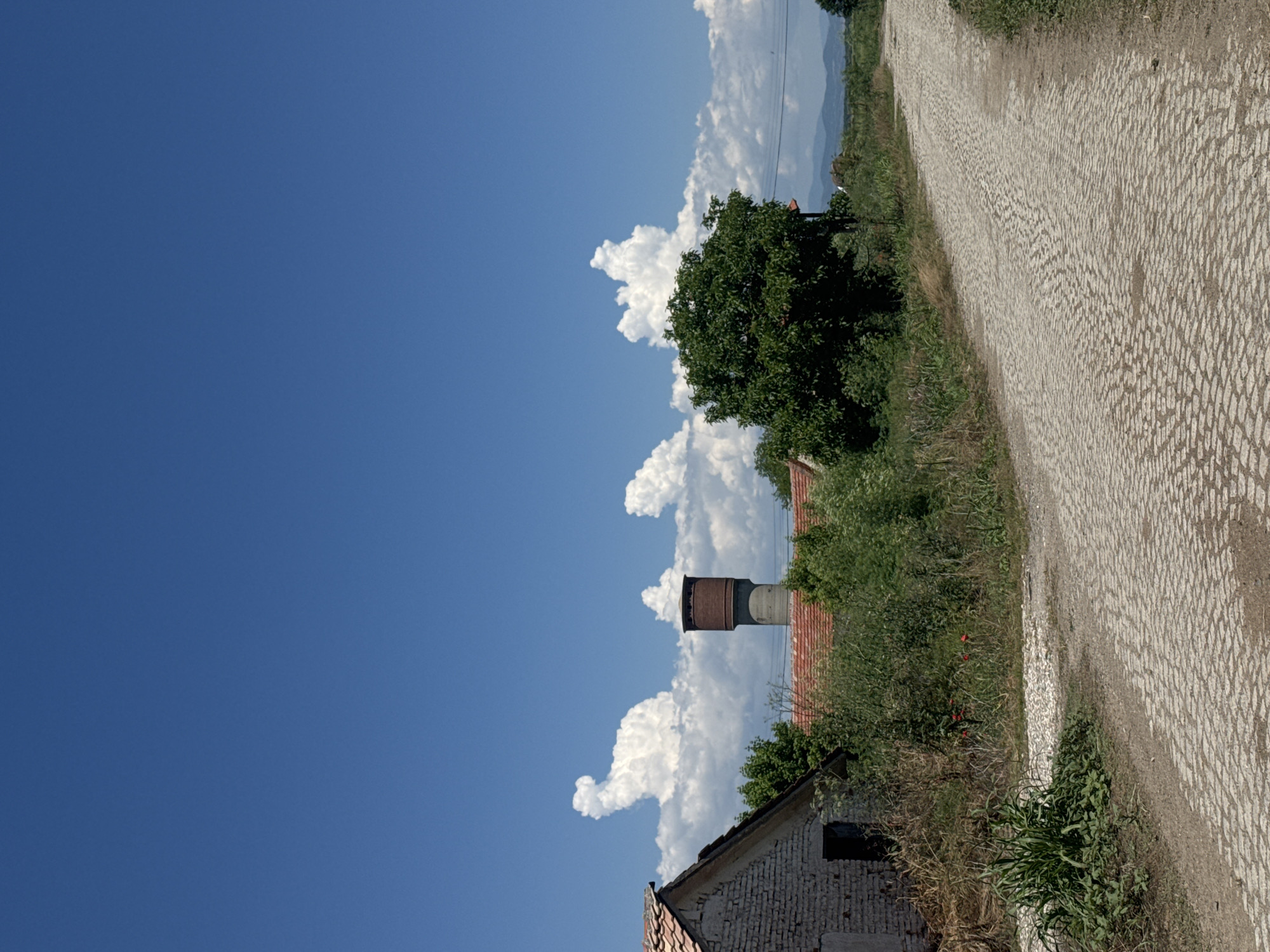 The image depicts a rural scene in Sarnevo, Bulgaria. On the right side of the frame, a cobblestone road is partially visible, bordered by overgrown vegetation. Adjacent to the road, there is a dilapidated, one-story building constructed of white brick with a red tile roof and a tall chimney. Behind the building and chimney, there are mature trees and billowing white clouds set against a clear, blue sky. The sky occupies a significant portion of the left side of the image.