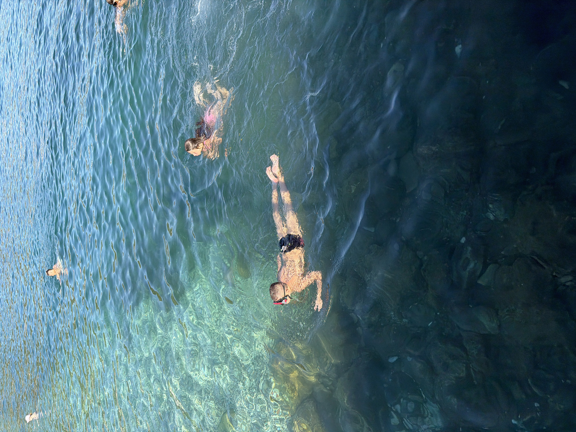 An aerial, top-down view shows a group of people swimming in clear, turquoise water, with the scene transitioning to darker, deeper water on the right. Sunlight reflects off the rippling surface, creating intricate patterns of light and shadow.
In the foreground, a young boy wearing goggles and black swim trunks is swimming on his back. His body is partially submerged, and the light illuminates his skin. To his left, further in the lighter, shallower water, a young girl in a pink swimsuit is also swimming. Her head is turned, and she appears to be looking at something in the water. Further to the left, another person's legs are visible just breaking the surface, suggesting they are swimming or wading. In the upper left corner, a small portion of another person is visible, also in the water.
The water appears shallow and clear in the foreground, revealing the rocky bottom with light green aquatic plants. As the view moves to the right, the water becomes progressively darker and murkier, suggesting increased depth and possibly submerged rocks or a different type of seabed.
The overall impression is one of a warm, sunny day, likely mid-day due to the strong sunlight creating distinct reflections. The scene is set in a natural body of water, possibly a bay or a lake, given the clear, calm conditions and the presence of natural elements like rocks and aquatic vegetation. The mood is peaceful and recreational, with people enjoying a swim in a beautiful natural environment. No text is visible in the image.