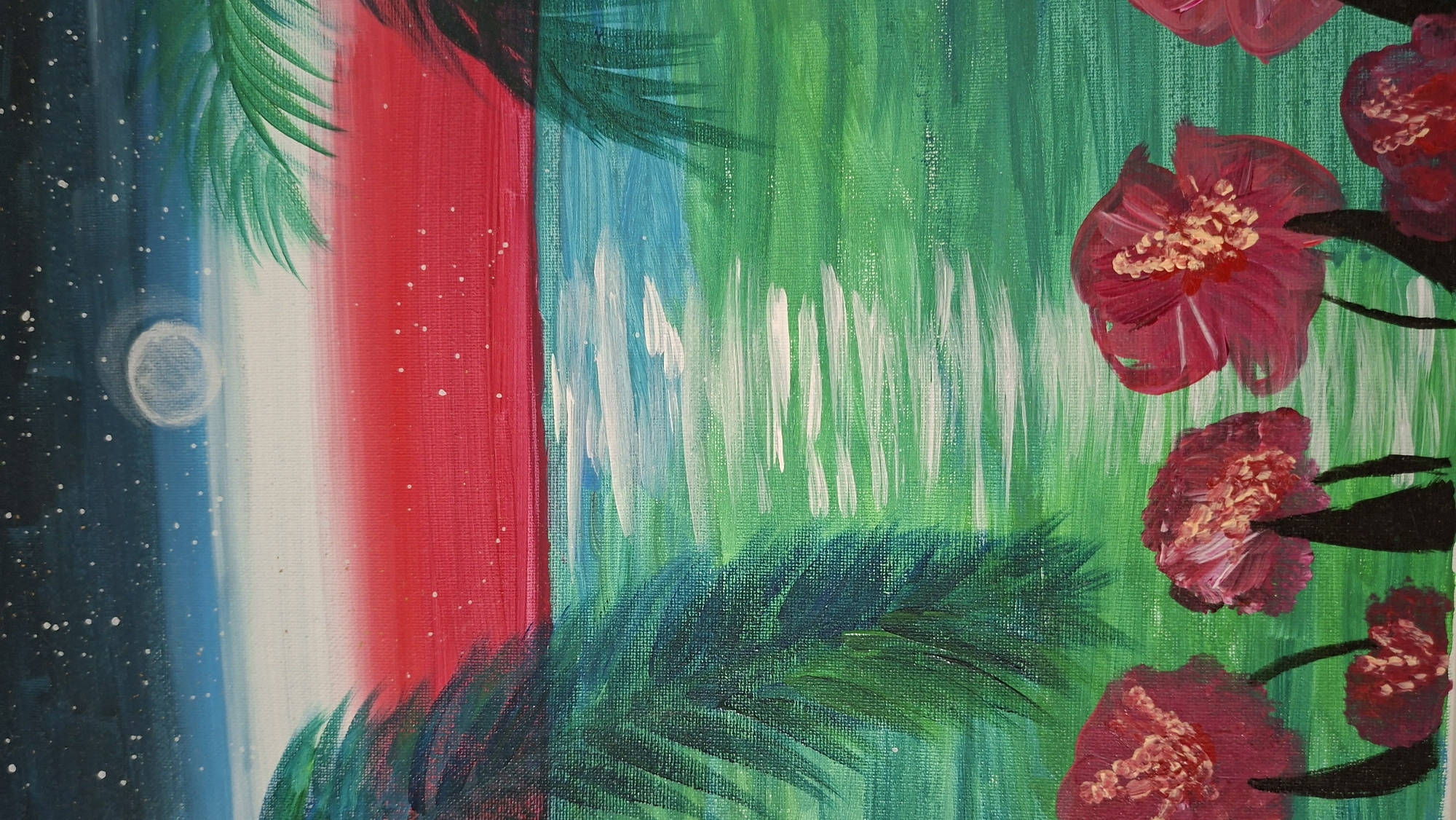 The image is an amateur painting with several distinct sections. The leftmost section depicts a night sky with stars and a moon, rendered in shades of dark blue and white. Adjacent to this is a broad stripe of red, followed by a narrower stripe of light blue and white. The remaining portion of the painting features a green background with vertical white brushstrokes, suggesting foliage or blades of grass. In the foreground of the green section are several large, stylized red flowers on dark stems. Palm fronds are visible in the upper left portion of the image. There is no indication of location.