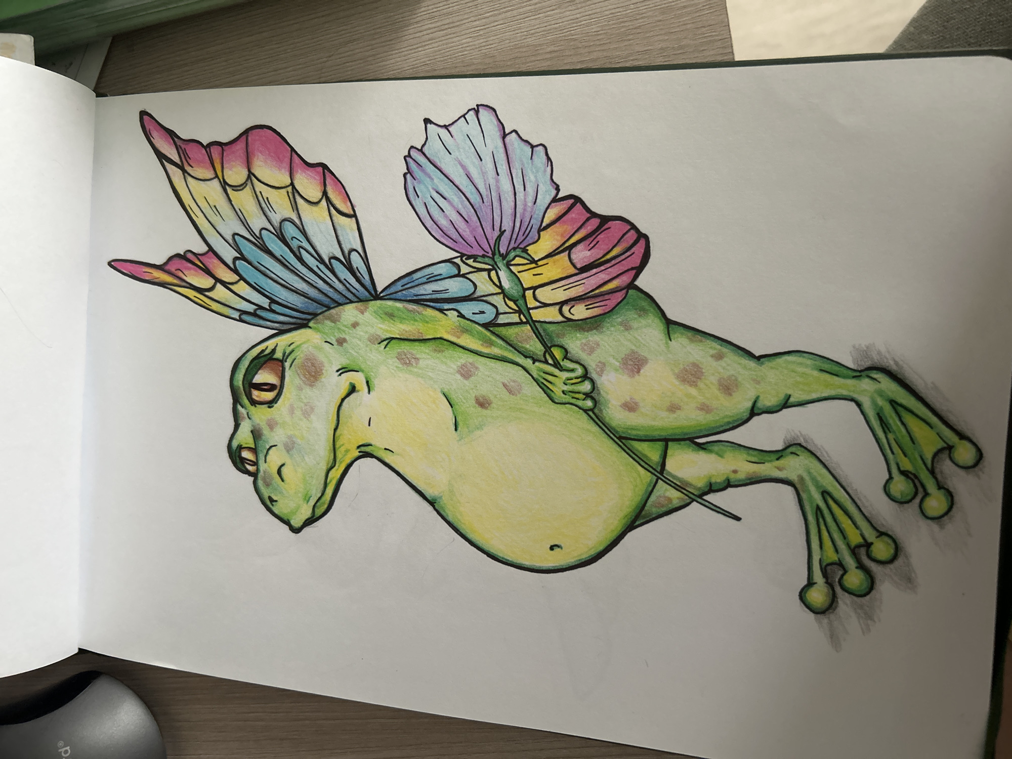 The image shows a colored drawing of a frog with butterfly wings and a flower. The frog is green with yellow and brown spots. It has large, round eyes and a slightly sad expression. The wings are colorful, with shades of pink, yellow, and blue. The flower is light purple and light blue. The drawing is on white paper, and the paper is in a sketchbook. Part of a mouse and a wooden surface are visible in the upper left corner. The image does not depict any scene in the city of Angarsk, Russia.