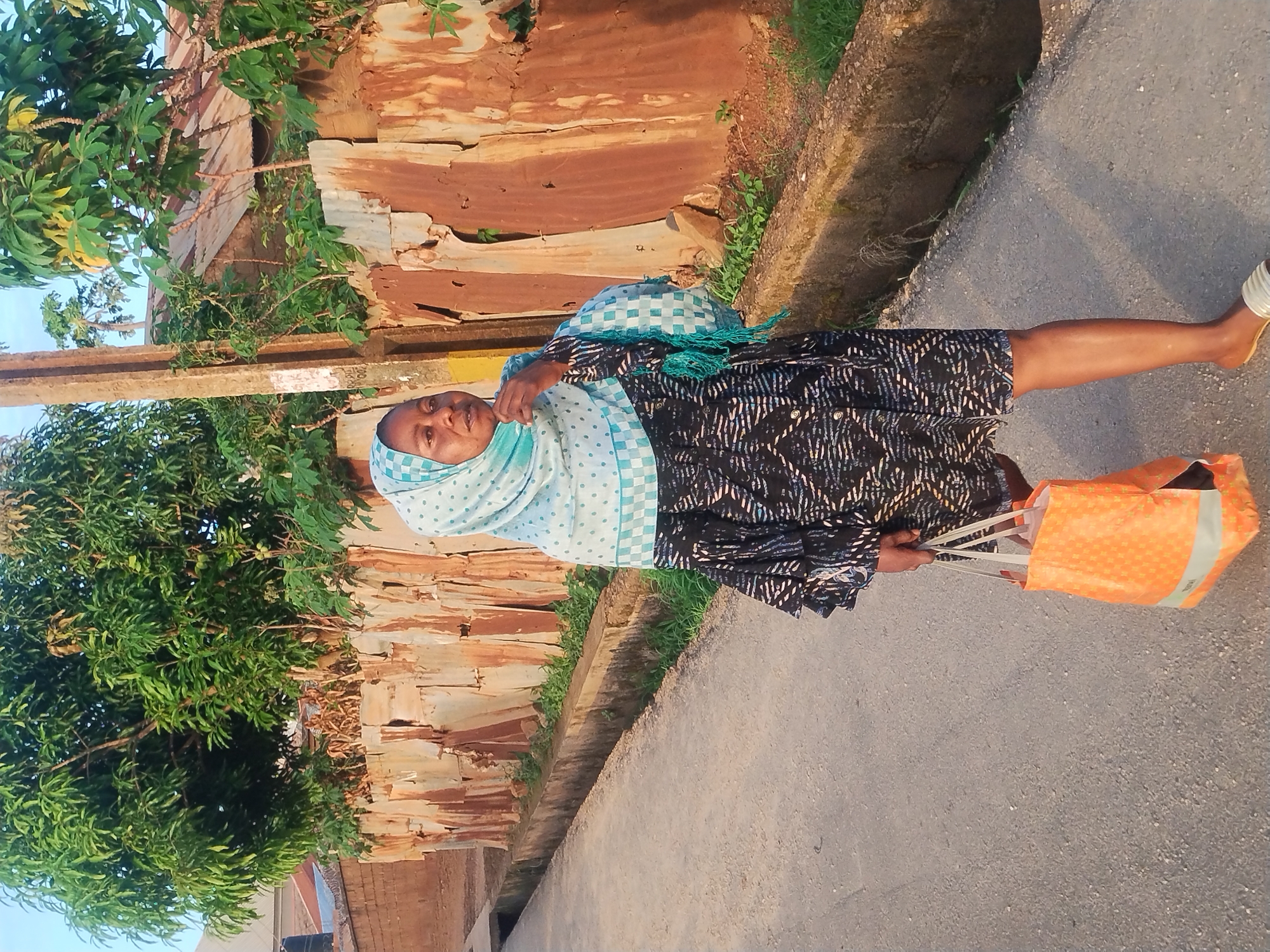 A medium shot captures a woman in a light blue patterned hijab and a dark, patterned dress walking outdoors on a paved road. She carries an orange shopping bag in her right hand. The woman is positioned slightly to the left of the frame's center, facing towards the left and looking forward. Behind her, a dilapidated metal fence with rust and vertical corrugated panels runs along the side of the road, partially obscured by trees and vegetation. A concrete drainage channel runs parallel to the road and the fence. A wooden utility pole stands to the right of the woman. The background reveals more vegetation and a few rooftops, suggesting an urban or semi-urban environment. The lighting indicates it is daytime, possibly late afternoon, given the long shadows.