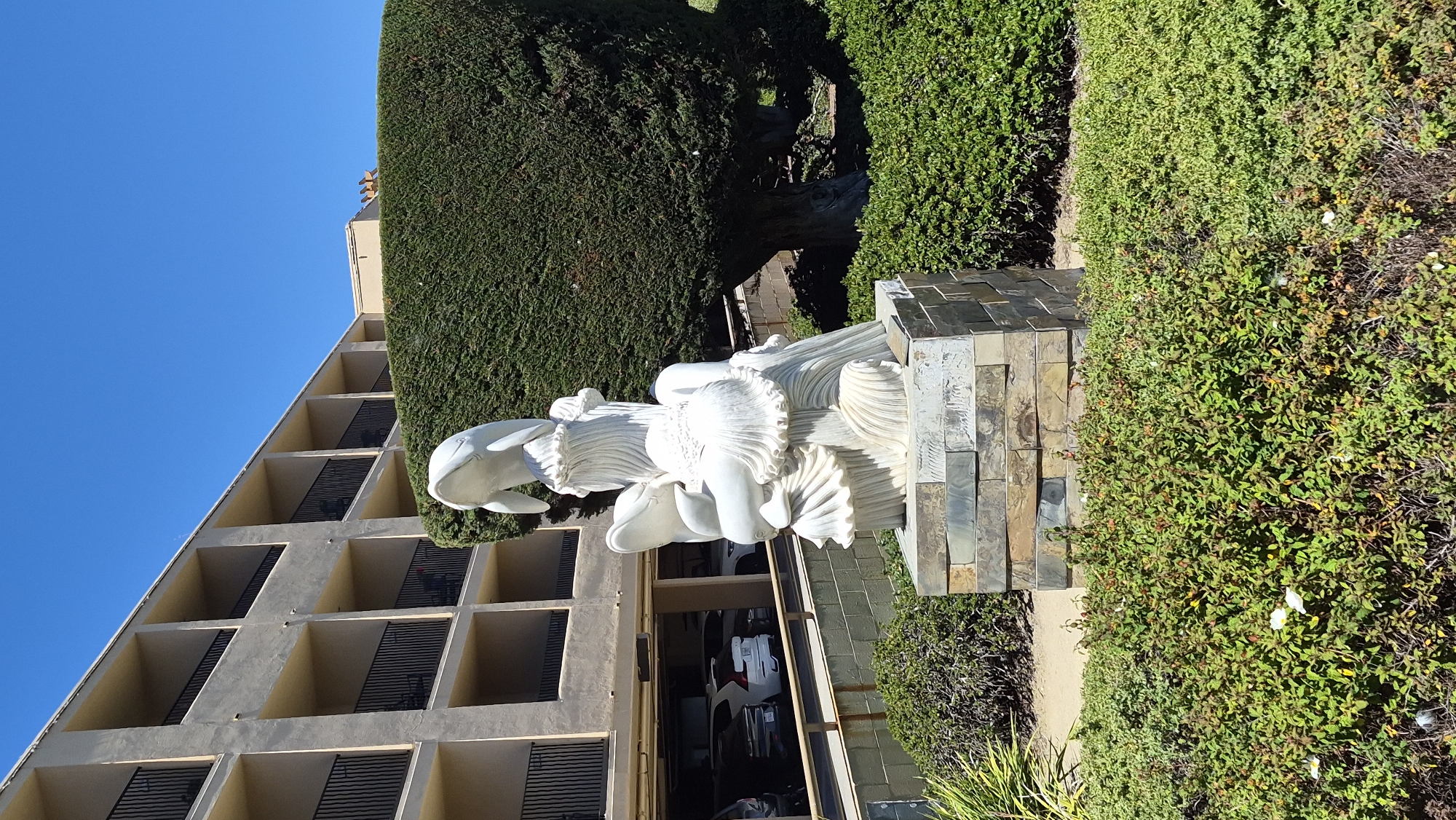 The image depicts a white sculpture of two dolphins and stylized waves, mounted on a stone base. The sculpture is situated in an outdoor setting, with a building featuring multiple levels and balconies visible in the background. A large, manicured evergreen hedge forms a backdrop to the sculpture, and a lush green bush with small white flowers is in the foreground. Several cars are parked in the open-air parking garage behind the sculpture. The sky is clear and blue. The sculpture and its surroundings suggest a coastal or resort-like environment, potentially a hotel or residential complex. The scene appears to be captured on a sunny day.