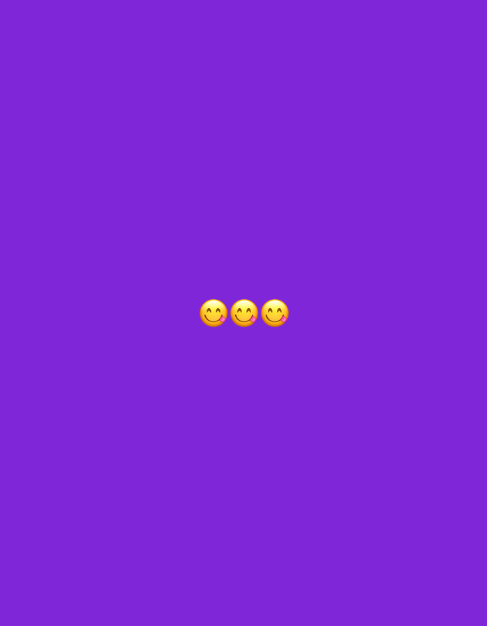 Three yellow smiley face emojis with their tongues sticking out are horizontally aligned in the center of a solid purple background.