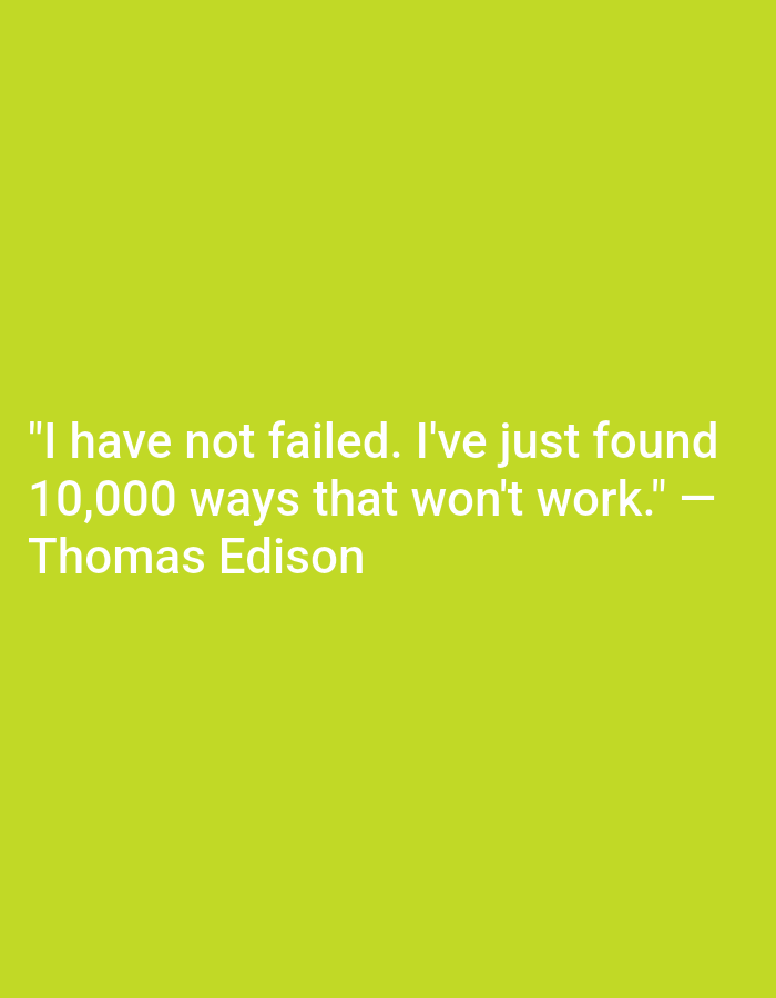 The image displays a quote attributed to Thomas Edison, "I have not failed. I've just found 10,000 ways that won't work." The quote is rendered in white, sans-serif font against a vibrant lime green background. The text is centered on the image, with the first line of the quote occupying the upper portion and the second line and attribution below it. There is no information in the image that pertains to Babakan Madang, Indonesia.