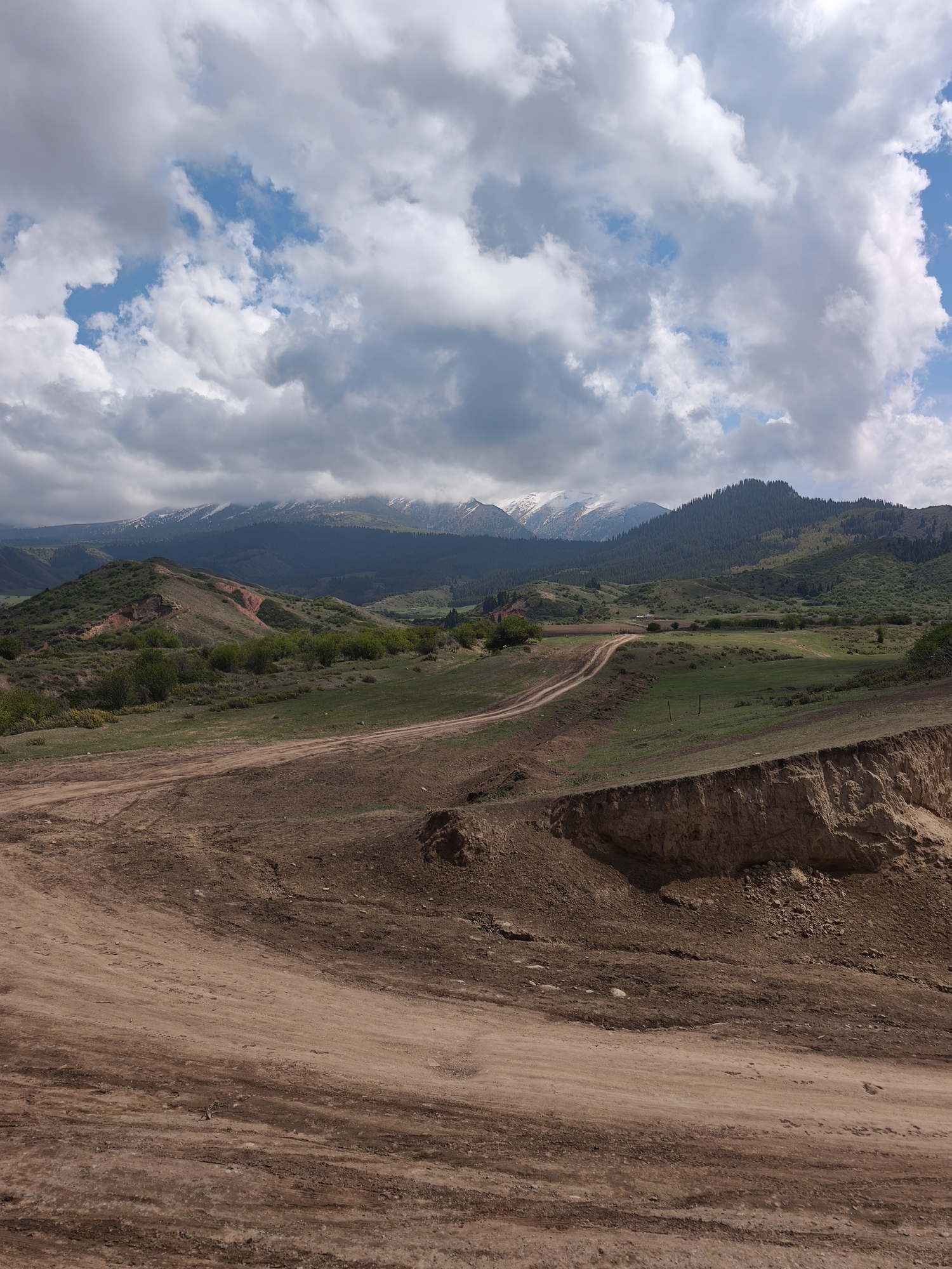 This media file presents a panoramic landscape view from Jeti-Ögüz, Kyrgyzstan, showcasing a layered natural environment under a dynamic sky. In the immediate foreground and extending into the mid-ground, a broad expanse of reddish-brown and light brown dirt is visible, possibly an area of erosion or recent earthworks. This area features wide, well-worn dirt tracks or roads that curve into the distance, suggesting pathways through the terrain. On the right side of the foreground, a steep, exposed bank or cliff of compacted earth and rock forms a natural boundary.
Moving further into the middle ground, the dirt roads lead towards a valley where patches of vibrant green grass and scattered low-lying bushes and trees begin to appear, contrasting with the bare earth of the foreground. Beyond these green patches, undulating hills, some covered with dense coniferous forests, rise gracefully. In the distant background, majestic mountain ranges with striking snow-capped peaks stretch across the horizon, partially veiled by the cloud cover.
The sky is a prominent feature, dominated by large, billowy cumulus clouds in shades of white and grey, interspersed with patches of clear blue sky, indicating a partly cloudy day. The lighting suggests it is daytime, likely late morning or early afternoon, with diffused light illuminating the landscape and casting subtle shadows. There are no people, animals, or visible text in the image. The scene conveys a sense of vastness, rugged natural beauty, and tranquility characteristic of mountainous regions.