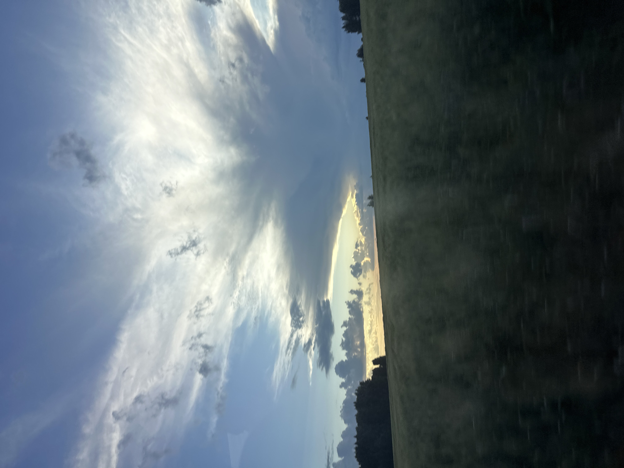 The image shows a landscape scene with a dramatic sky and a field. The sky is filled with a mixture of white and gray clouds, with a bright light breaking through the clouds on the right side of the frame. The clouds are wispy and feathery in some areas, and more dense and turbulent in others. The horizon is marked by a line of dark green trees on the left, and scattered trees on the right. Between the sky and the treeline is a rolling green field, which appears to be a meadow or pasture. The field is mostly dark green, with some lighter patches. The overall impression is one of a rural landscape, possibly at dusk or dawn, given the lighting. The image does not contain any identifiable landmarks or structures that would suggest a specific location within the city of Пермяки, Russia.